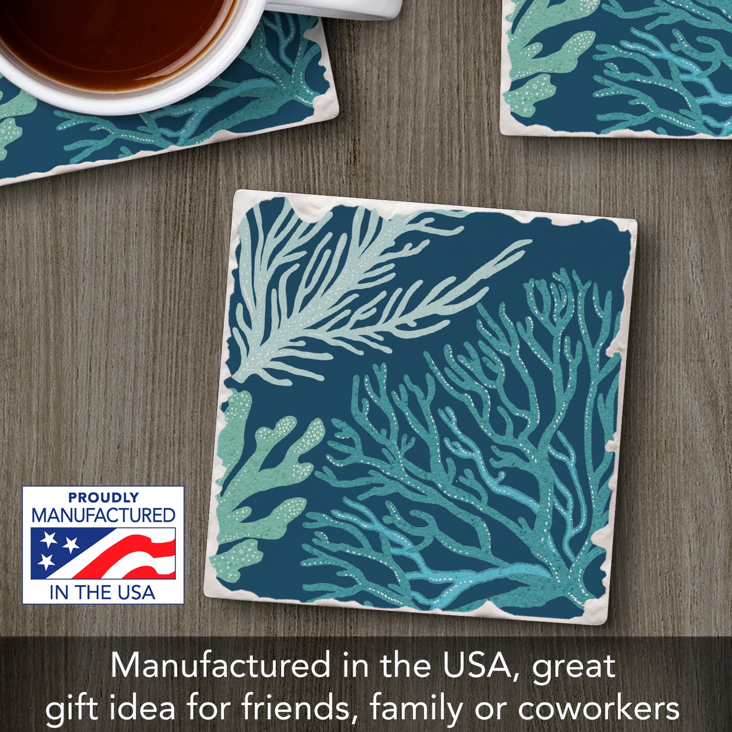 Thirstystone Coral Blues Single Tumbled Tile Stone Coaster with Protective Cork Backing Manufactured in The USA 4" Square, Artistic, Easily Wipes Clean