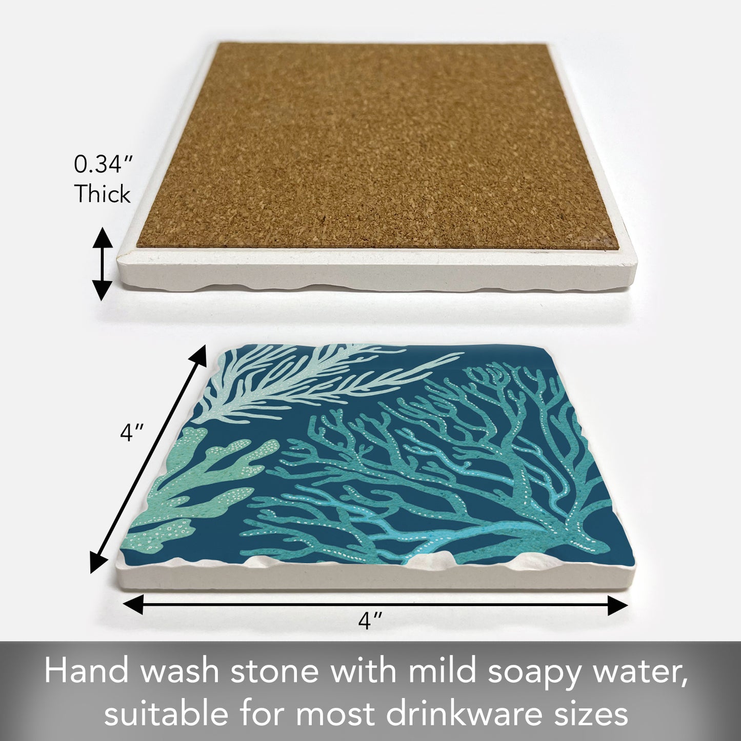 Thirstystone Coral Blues Single Tumbled Tile Stone Coaster with Protective Cork Backing Manufactured in The USA 4" Square, Artistic, Easily Wipes Clean