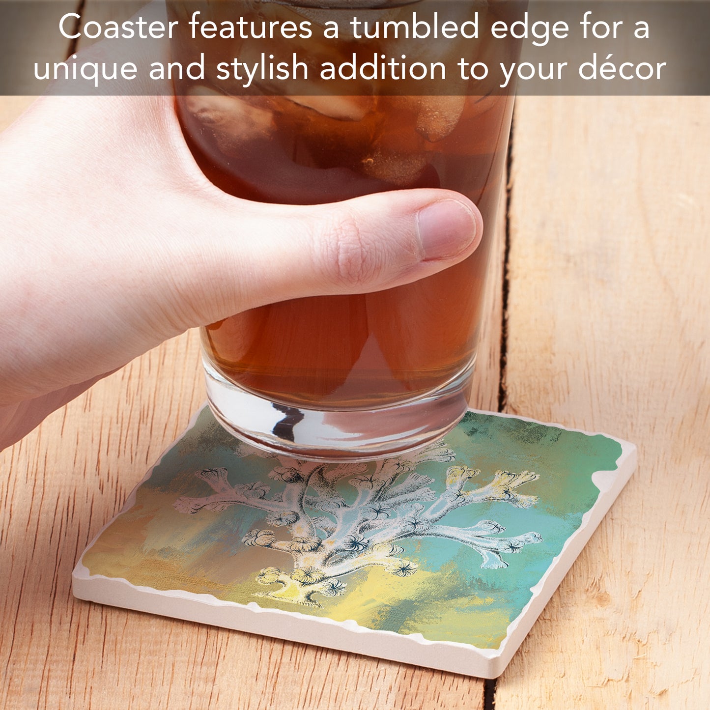 Thirstystone Coral Wash Single Tumbled Tile Stone Coaster with Protective Cork Backing Manufactured in The USA 4" Square, Artistic, Easily Wipes Clean