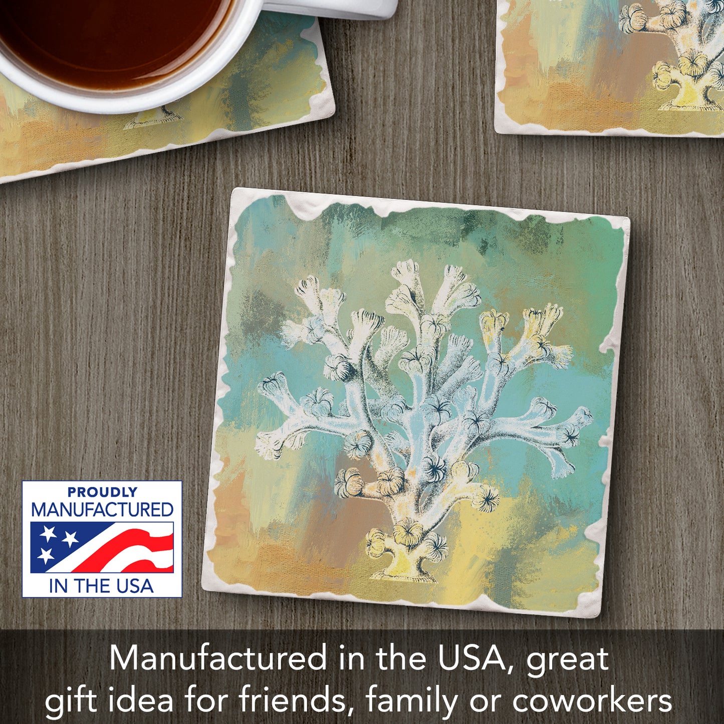 Thirstystone Coral Wash Single Tumbled Tile Stone Coaster with Protective Cork Backing Manufactured in The USA 4" Square, Artistic, Easily Wipes Clean