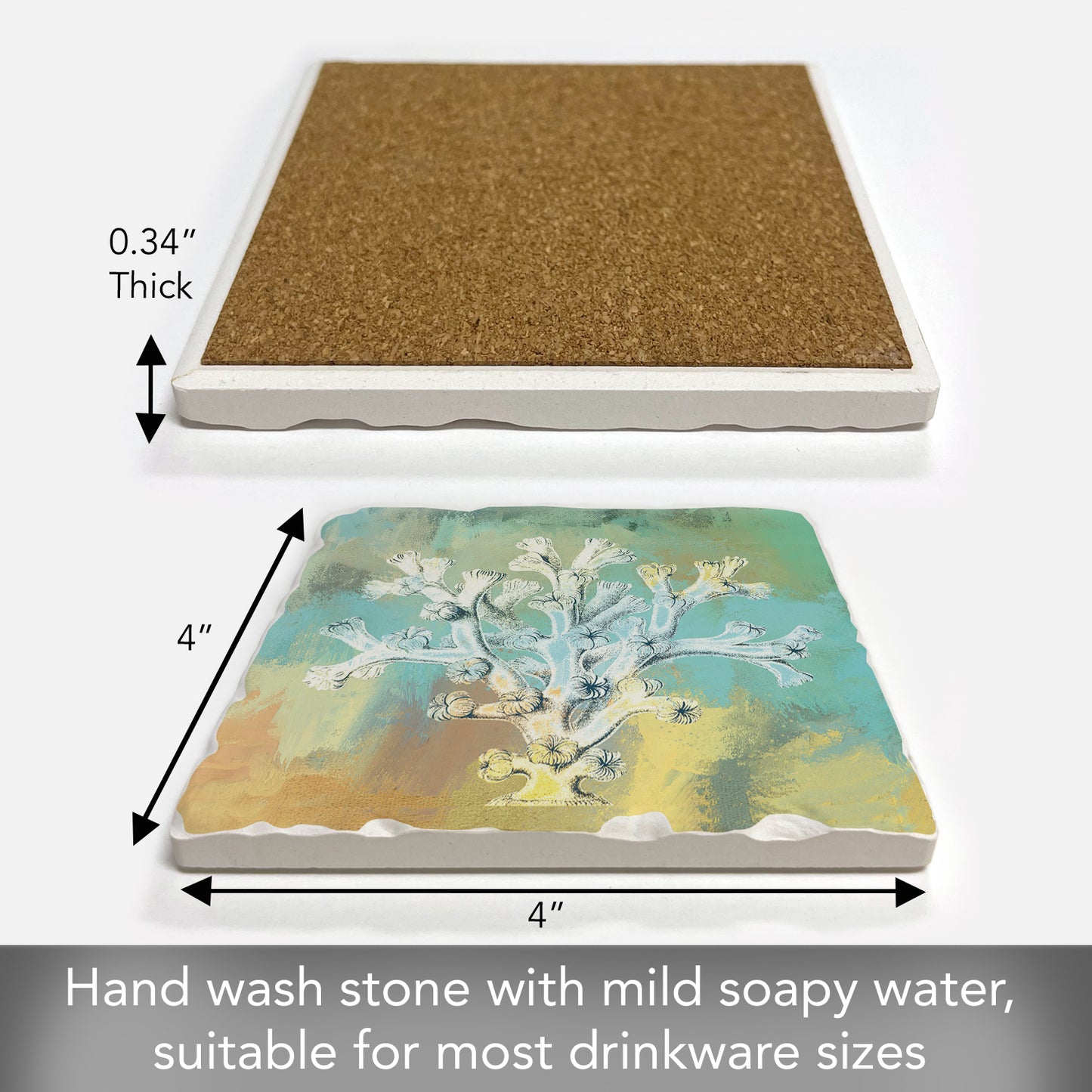 Thirstystone Coral Wash Single Tumbled Tile Stone Coaster with Protective Cork Backing Manufactured in The USA 4" Square, Artistic, Easily Wipes Clean