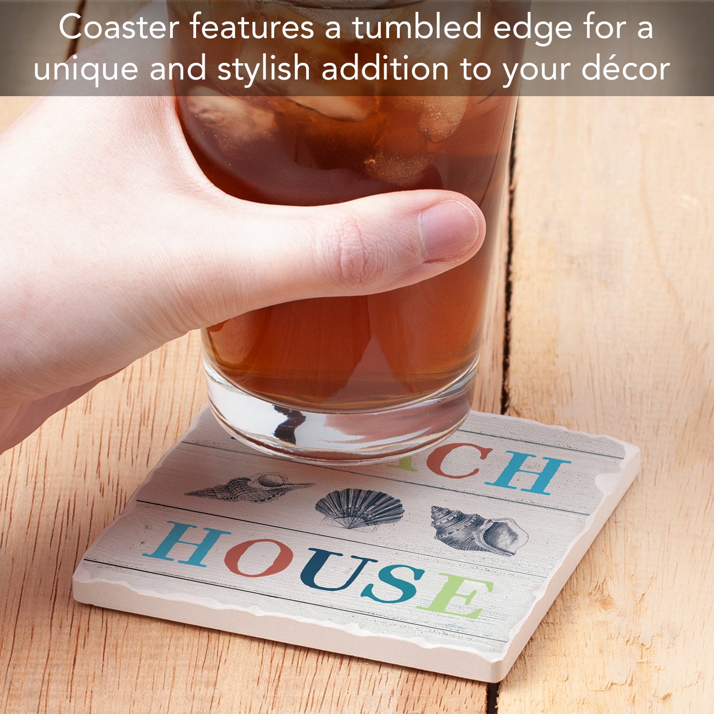 Thirstystone Beach House Single Tumbled Tile Stone Coaster with Protective Cork Backing Manufactured in The USA 4" Square, Artistic, Easily Wipes Clean