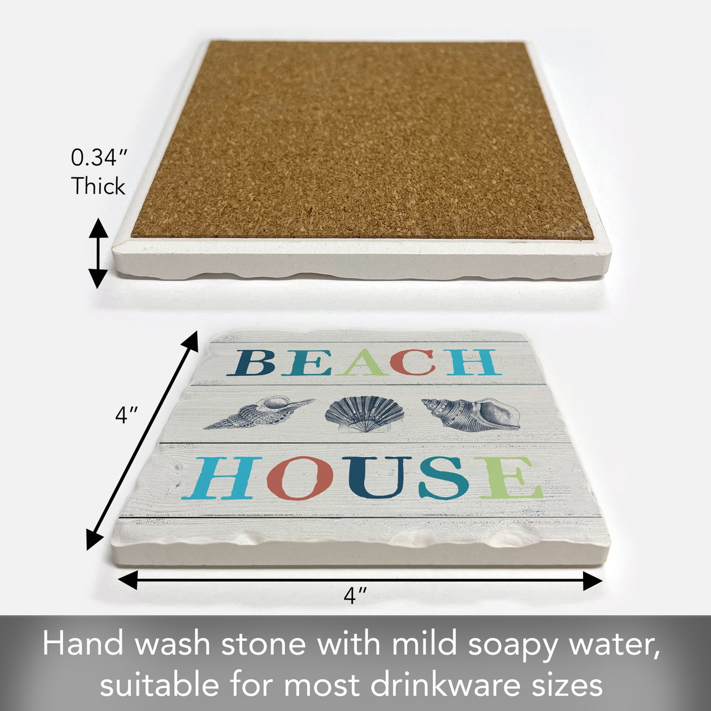 Thirstystone Beach House Single Tumbled Tile Stone Coaster with Protective Cork Backing Manufactured in The USA 4" Square, Artistic, Easily Wipes Clean