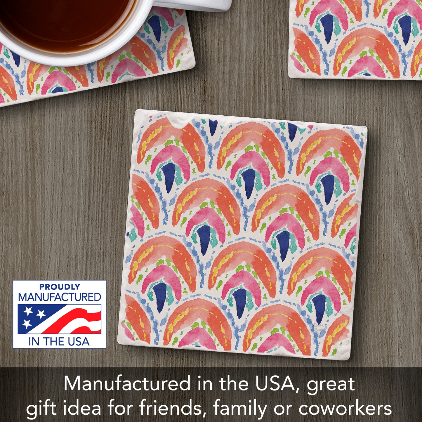 Thirstystone Bohemian Sea Single Tumbled Tile Stone Coaster with Protective Cork Backing Manufactured in The USA 4" Square, Colorful, Artistiic, Easily Wipes Clean