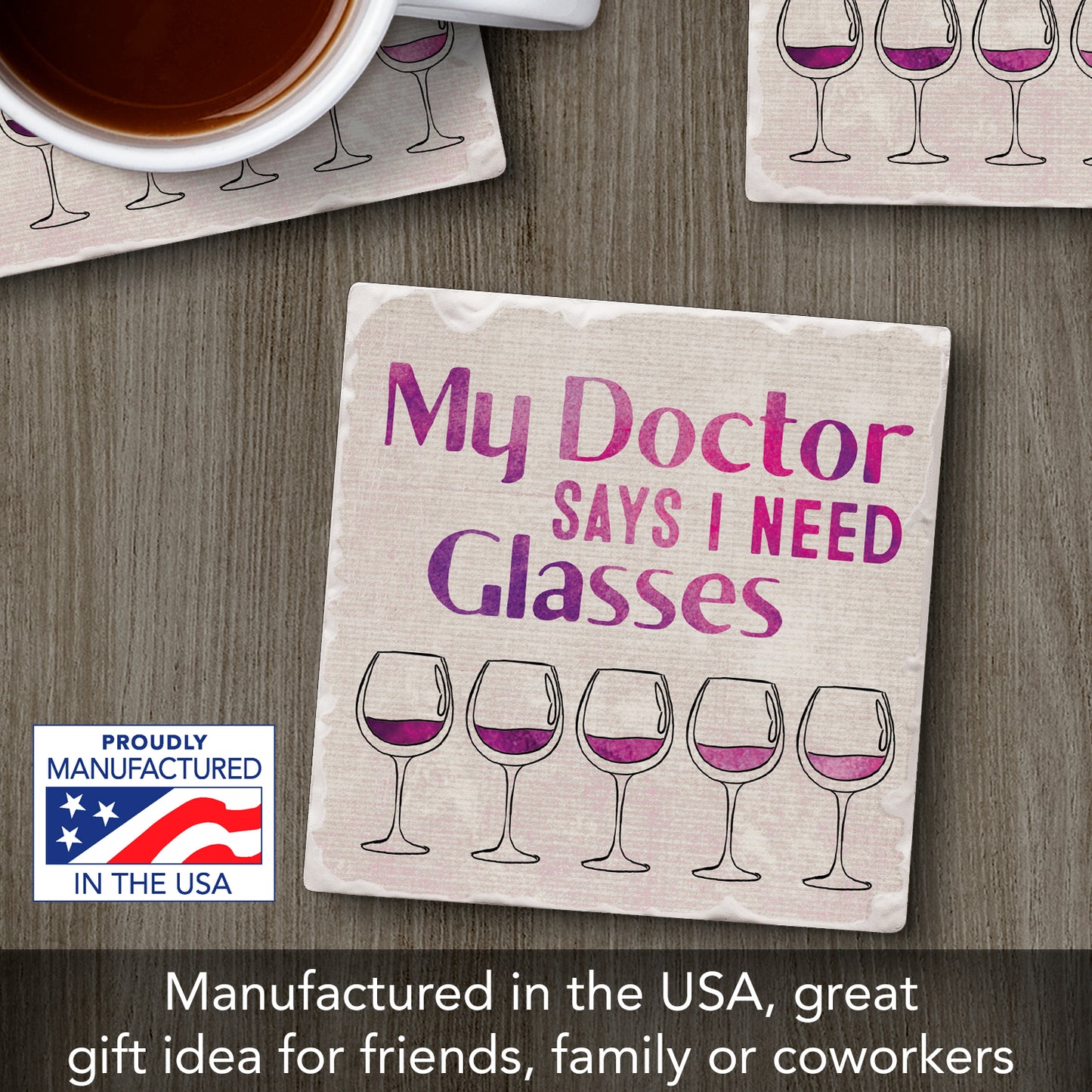Thirstystone Need Glasses Single Tumbled Tile Stone Coaster with Protective Cork Backing Manufactured in The USA 4" Square, Artistic, Easily Wipes Clean