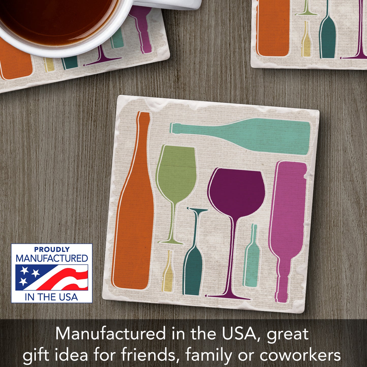 Thirstystone Retro Wine Single Tumbled Tile Stone Coaster with Protective Cork Backing Manufactured in The USA 4" Square, Artistic, Easily Wipes Clean