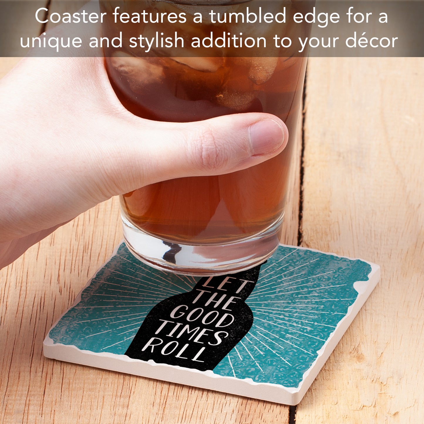 Thirstystone Good Times Single Tumbled Tile Stone Coaster with Protective Cork Backing Manufactured in The USA 4" Square, Artistic, Easily Wipes Clean