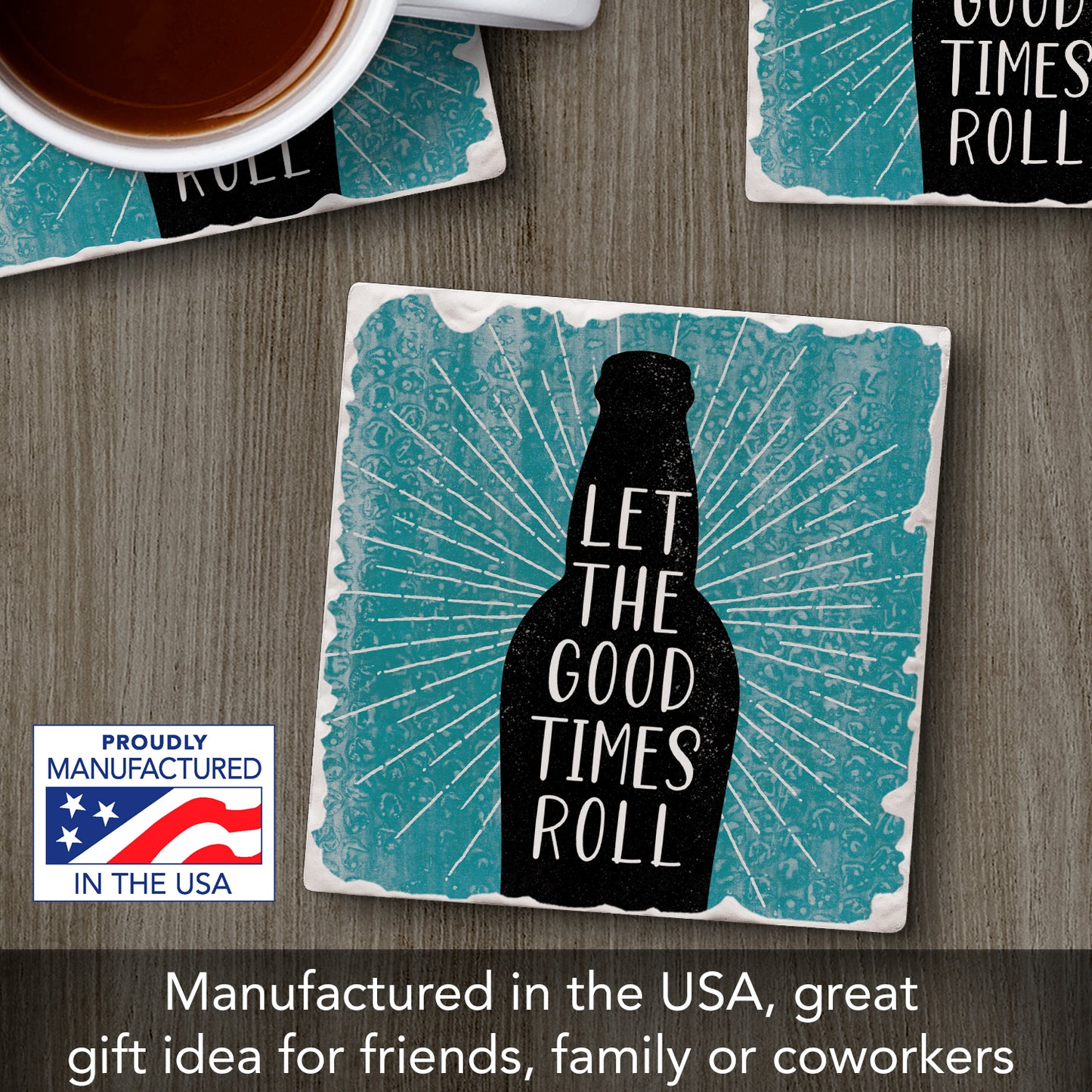 Thirstystone Good Times Single Tumbled Tile Stone Coaster with Protective Cork Backing Manufactured in The USA 4" Square, Artistic, Easily Wipes Clean