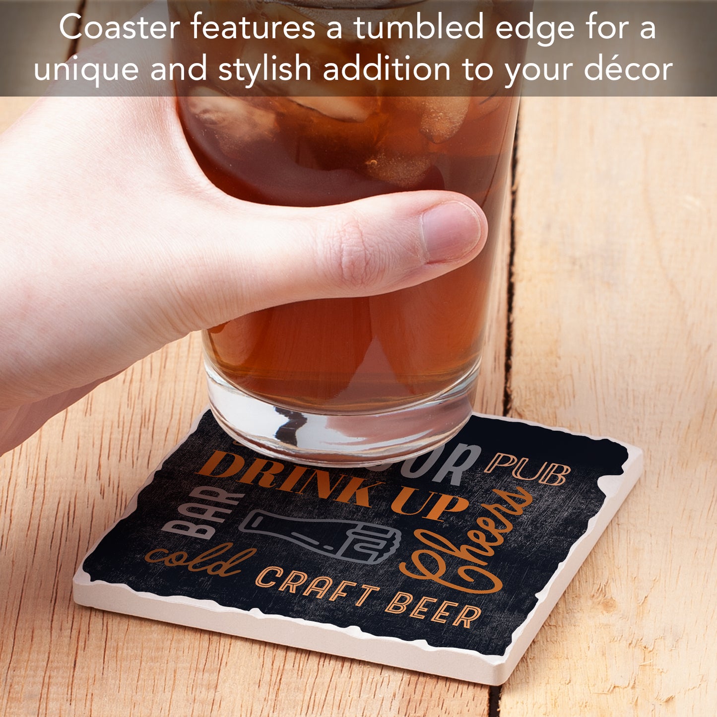 Thirstystone Cheers Drink Up Single Tumbled Tile Stone Coaster with Protective Cork Backing Manufactured in The USA 4" Square, Artistic, Easily Wipes Clean