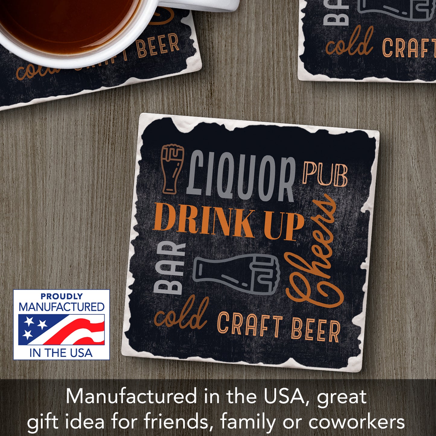 Thirstystone Cheers Drink Up Single Tumbled Tile Stone Coaster with Protective Cork Backing Manufactured in The USA 4" Square, Artistic, Easily Wipes Clean