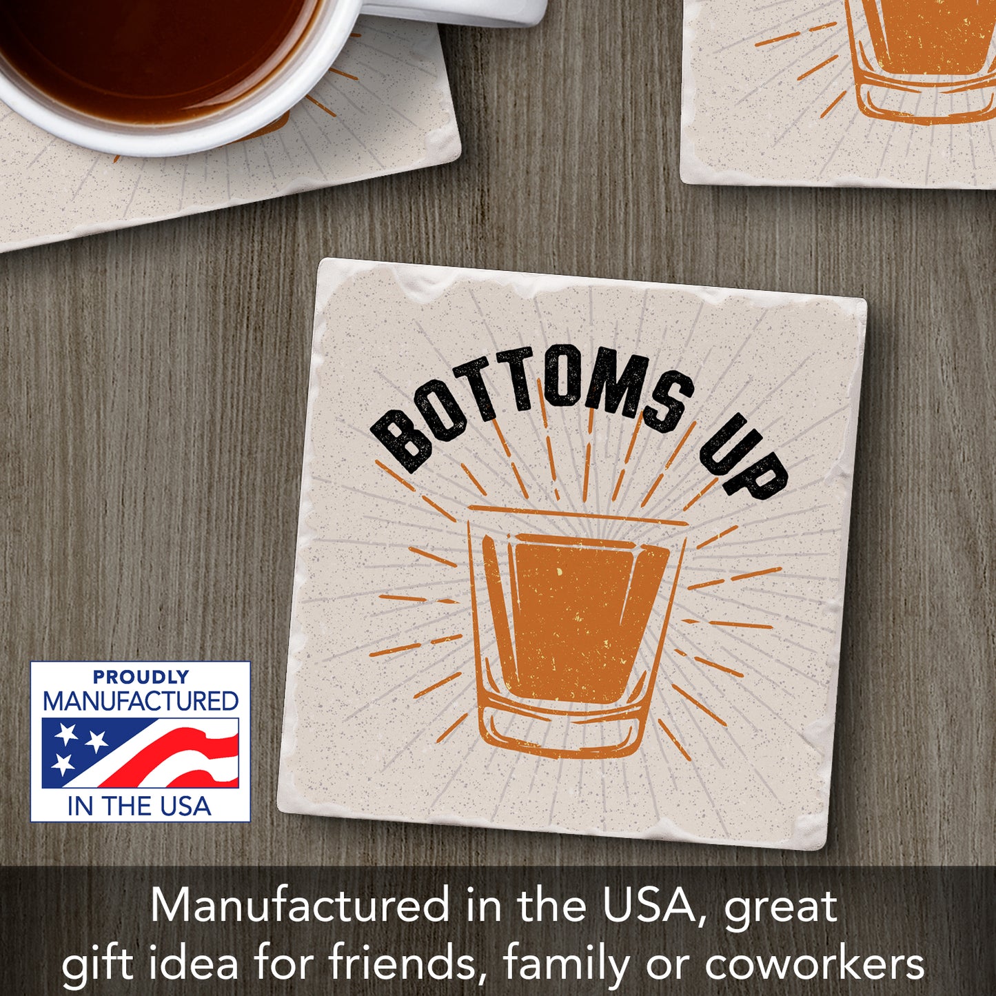 Thirstystone Bottoms Up Single Tumbled Tile Stone Coaster with Protective Cork Backing Manufactured in The USA 4" Square, Artistic, Easily Wipes Clean