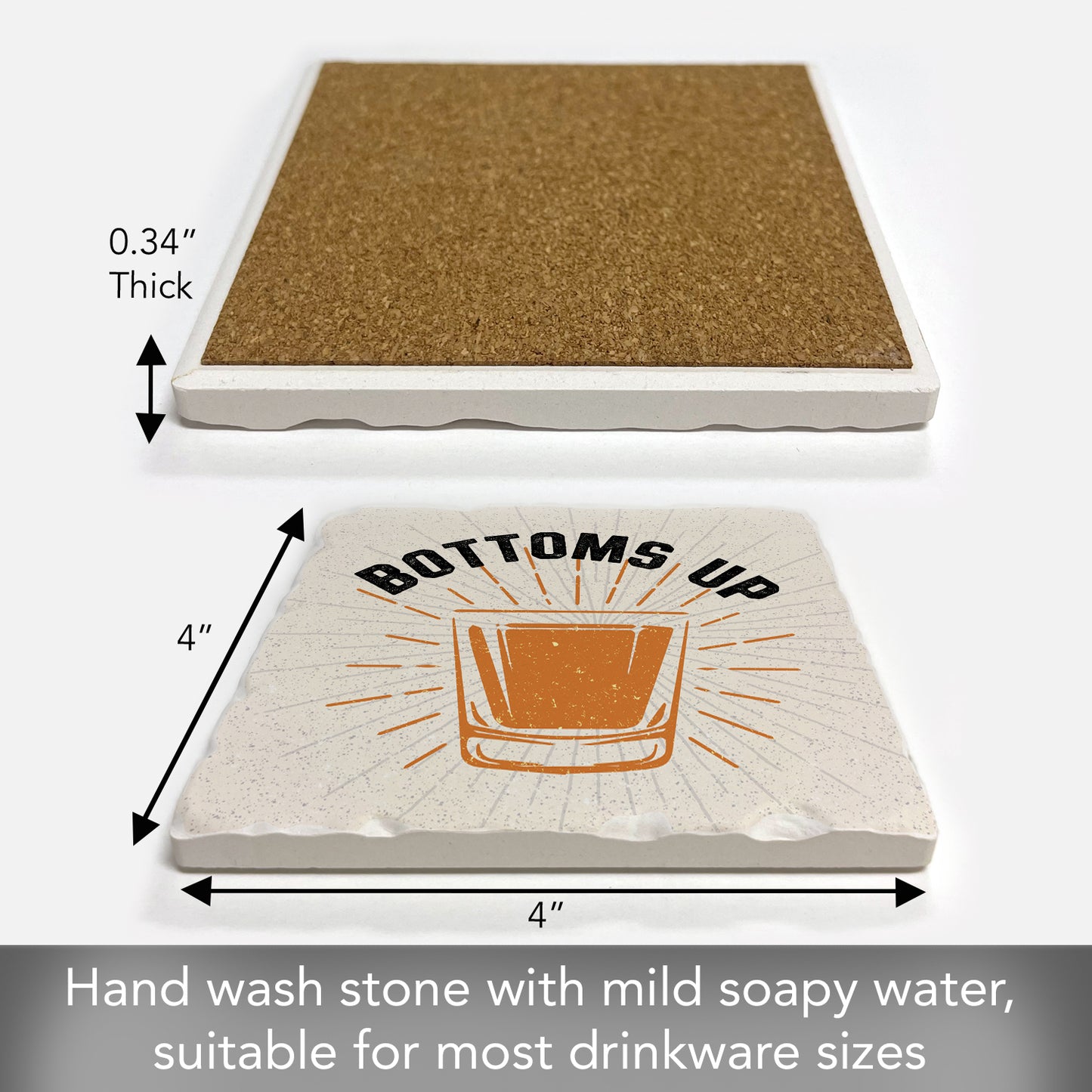 Thirstystone Bottoms Up Single Tumbled Tile Stone Coaster with Protective Cork Backing Manufactured in The USA 4" Square, Artistic, Easily Wipes Clean