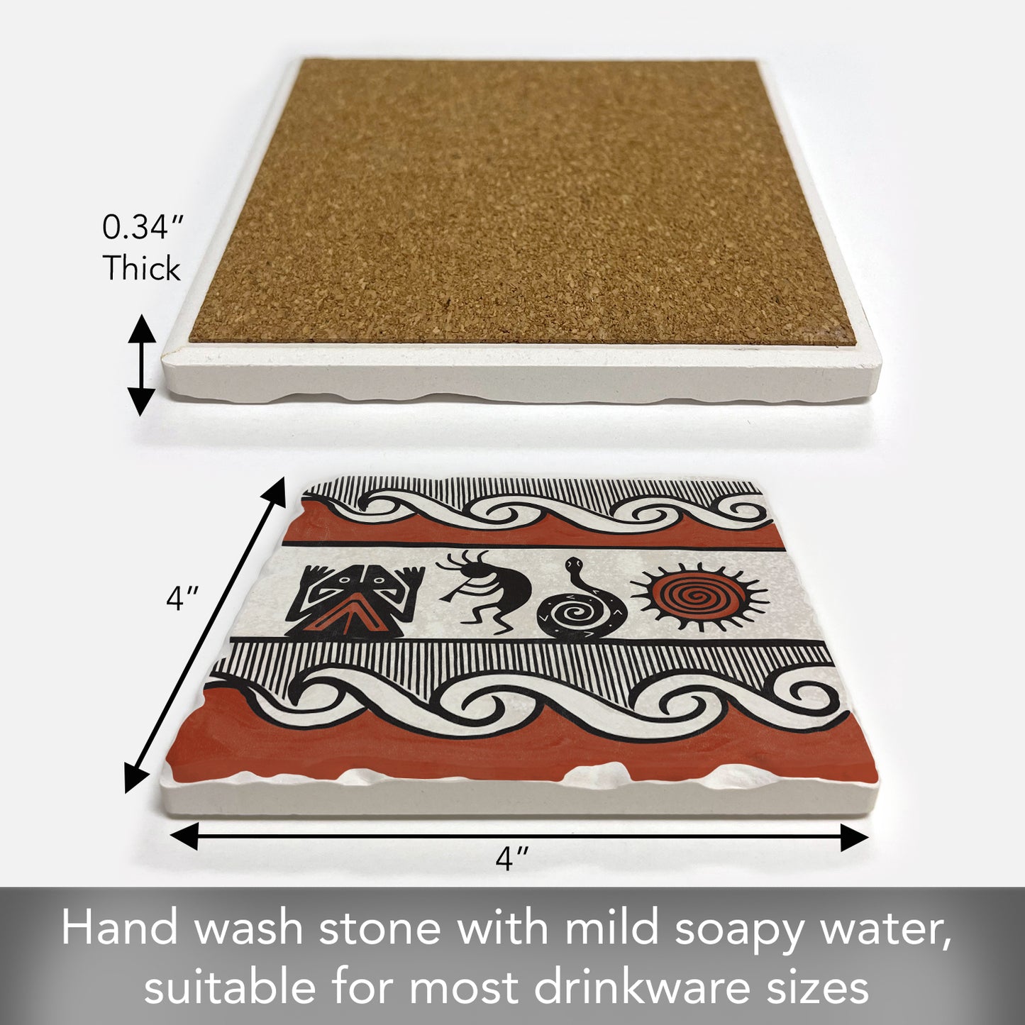 Thirstystone Pueblo Single Tumbled Tile Stone Coaster with Protective Cork Backing Manufactured in The USA 4" Square, Colorful, Artistic, Easily Wipes Clean