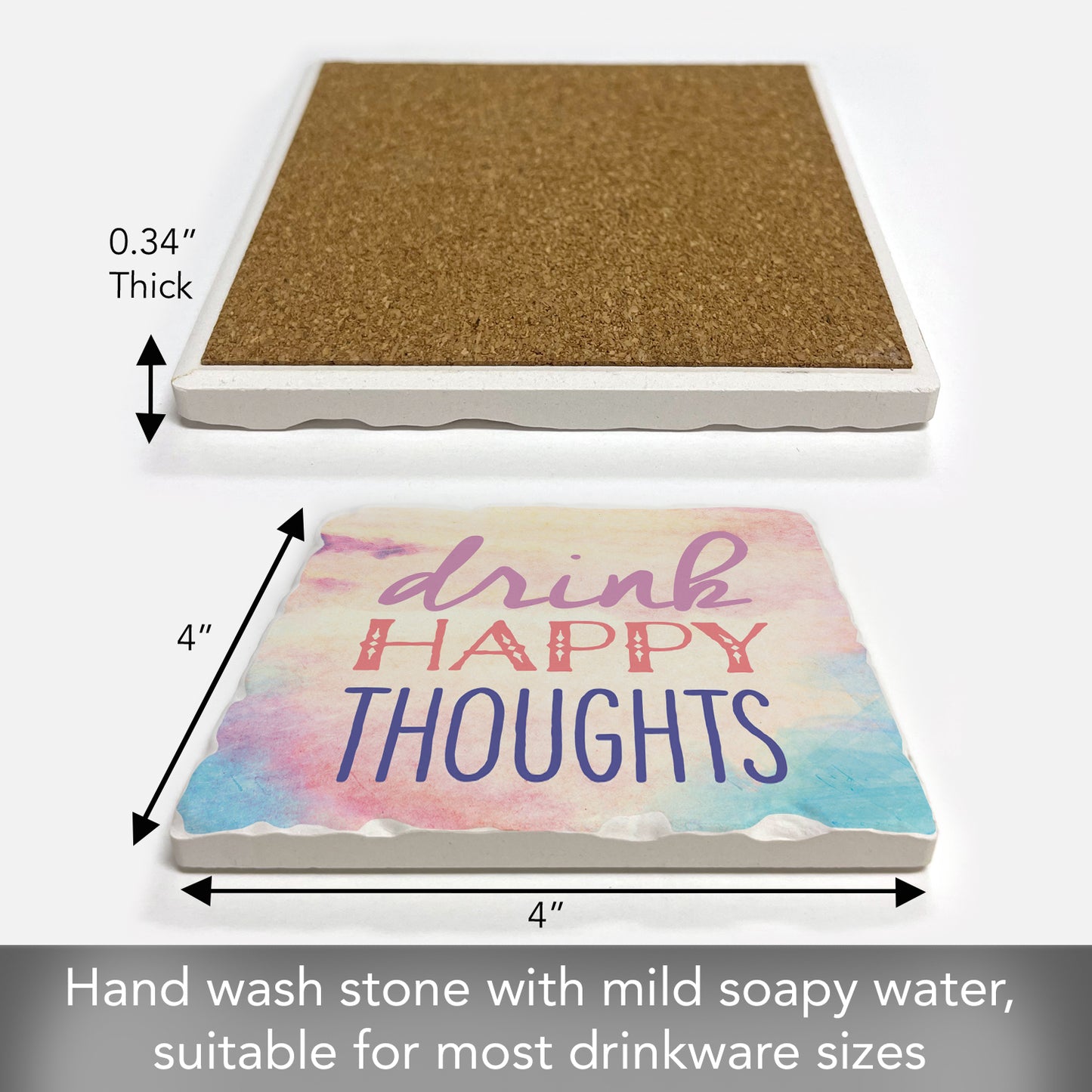 Thirstystone Drink Happy Thoughts Single Tumbled Tile Stone Coaster with Protective Cork Backing Manufactured in The USA 4" Square, Artistic, Easily Wipes Clean