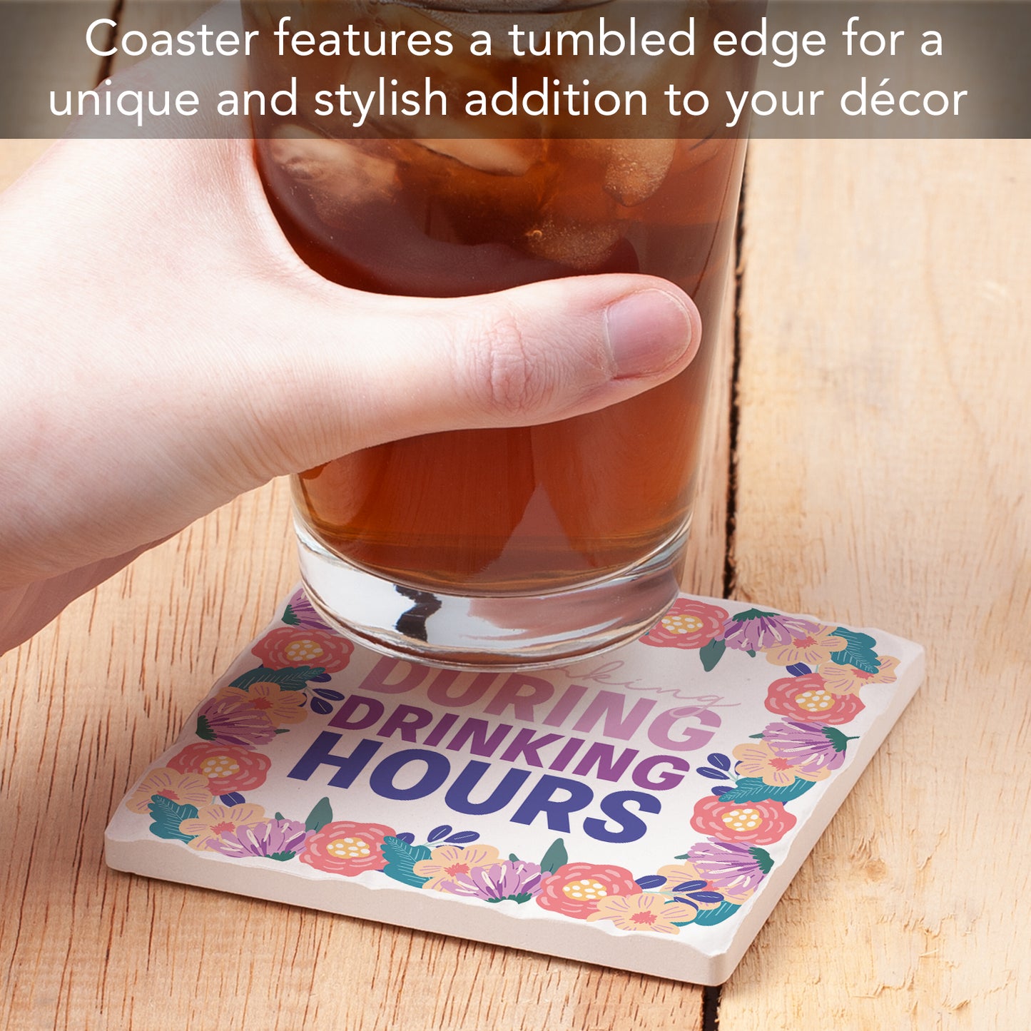 Thirstystone Drinking Hours Single Tumbled Tile Stone Coaster with Protective Cork Backing Manufactured in The USA 4" Square, Artistic, Easily Wipes Clean