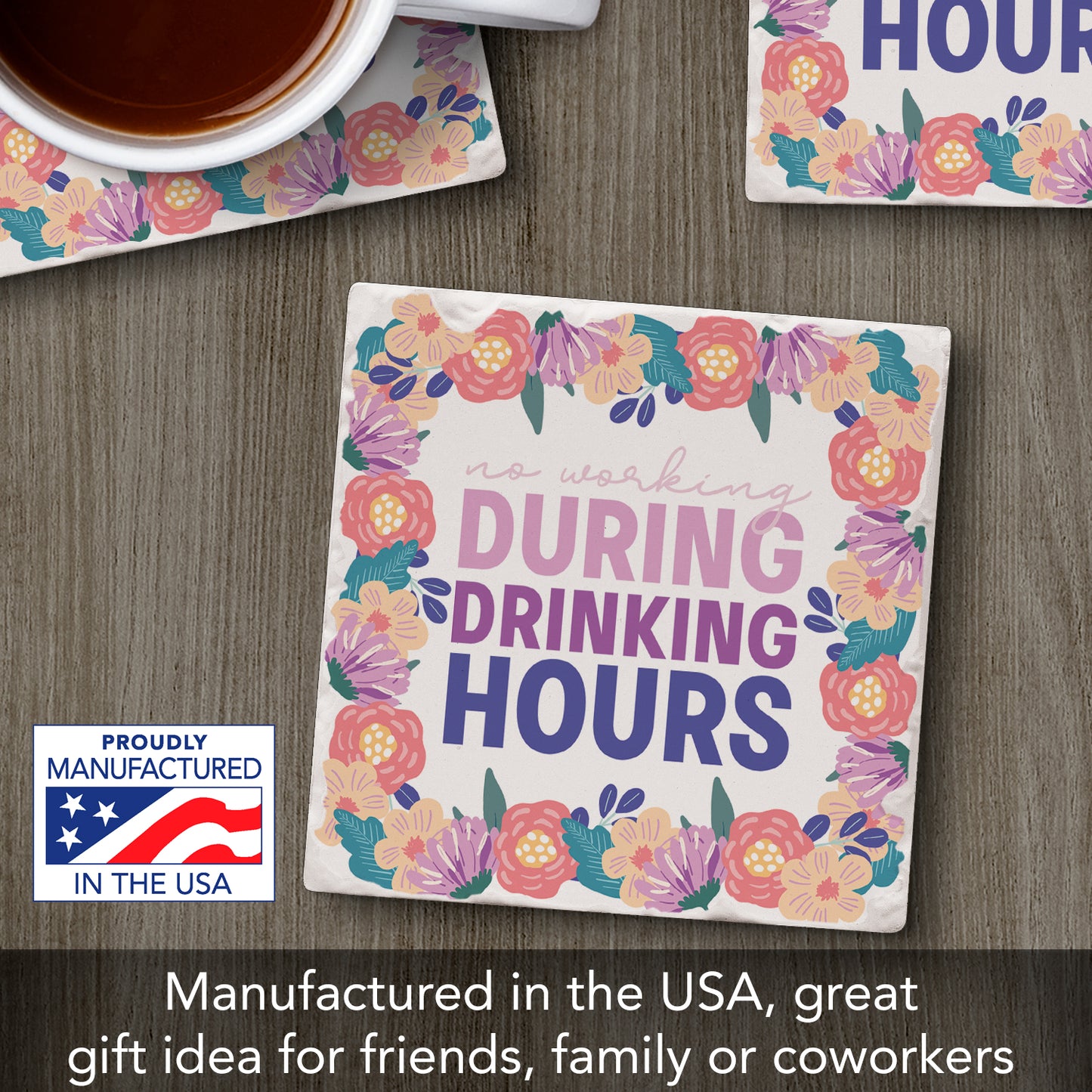 Thirstystone Drinking Hours Single Tumbled Tile Stone Coaster with Protective Cork Backing Manufactured in The USA 4" Square, Artistic, Easily Wipes Clean