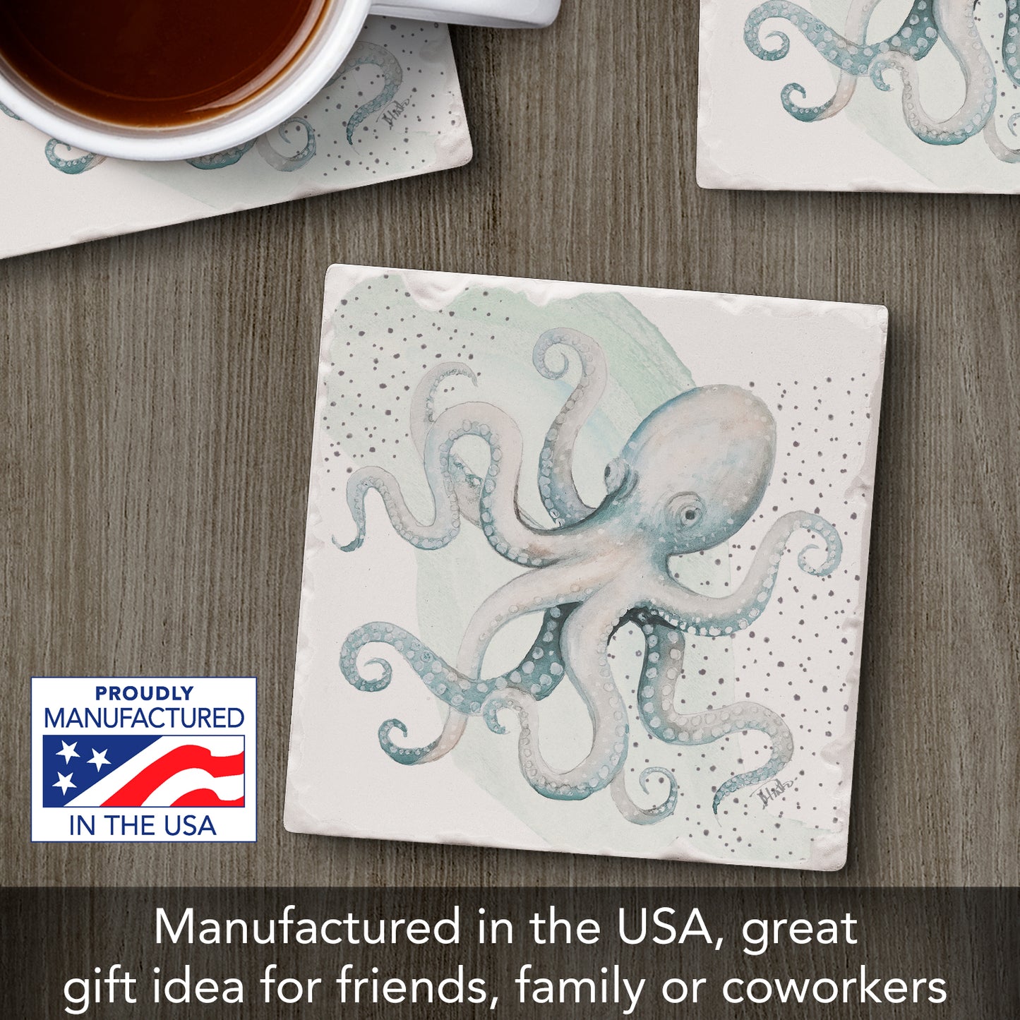 Thirstystone Ocean Octopus Single Tumbled Tile Stone Coaster with Protective Cork Backing Manufactured in The USA 4" Square, Colorful, Artistiic, Easily Wipes Clean