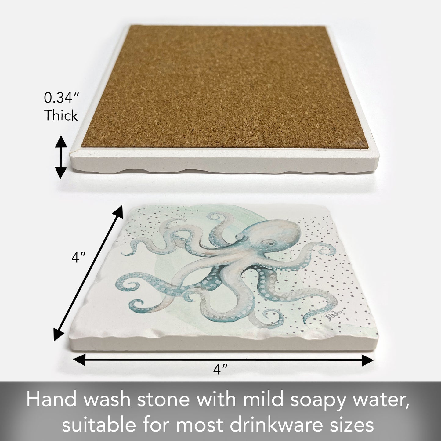 Thirstystone Ocean Octopus Single Tumbled Tile Stone Coaster with Protective Cork Backing Manufactured in The USA 4" Square, Colorful, Artistiic, Easily Wipes Clean