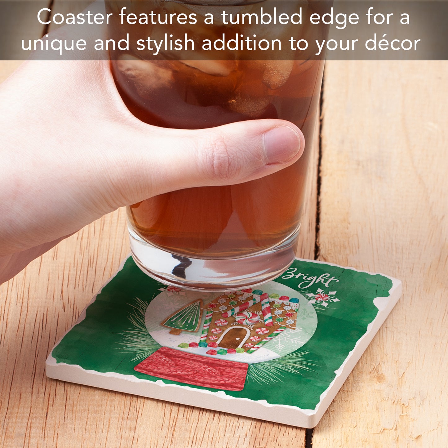 Thirstystone Merry & Bright Snowglobe Single Tumbled Tile Stone Coaster with Protective Cork Backing Manufactured in The USA 4" Square, Artistic, Easily Wipes Clean