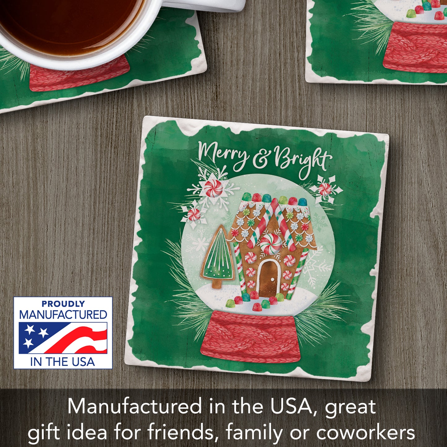 Thirstystone Merry & Bright Snowglobe Single Tumbled Tile Stone Coaster with Protective Cork Backing Manufactured in The USA 4" Square, Artistic, Easily Wipes Clean