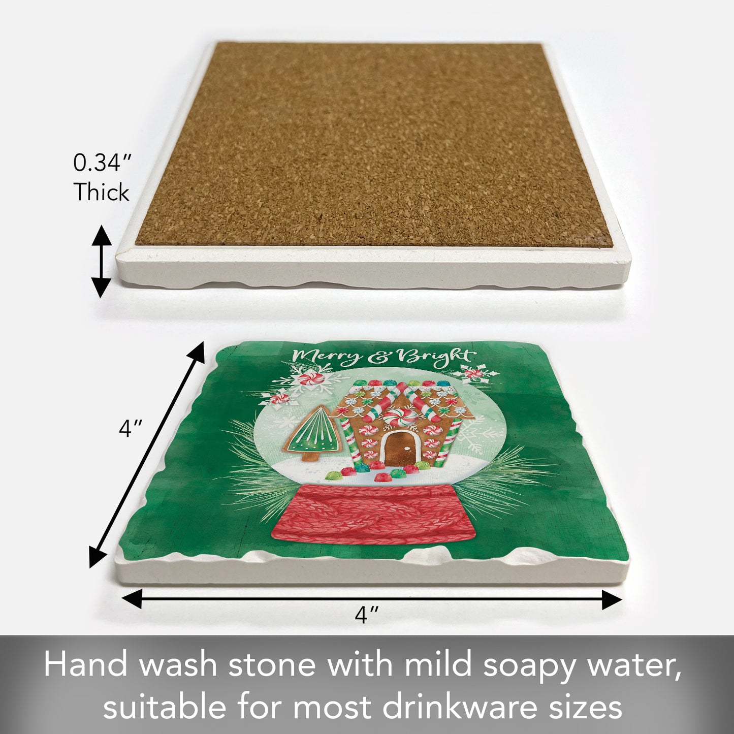 Thirstystone Merry & Bright Snowglobe Single Tumbled Tile Stone Coaster with Protective Cork Backing Manufactured in The USA 4" Square, Artistic, Easily Wipes Clean