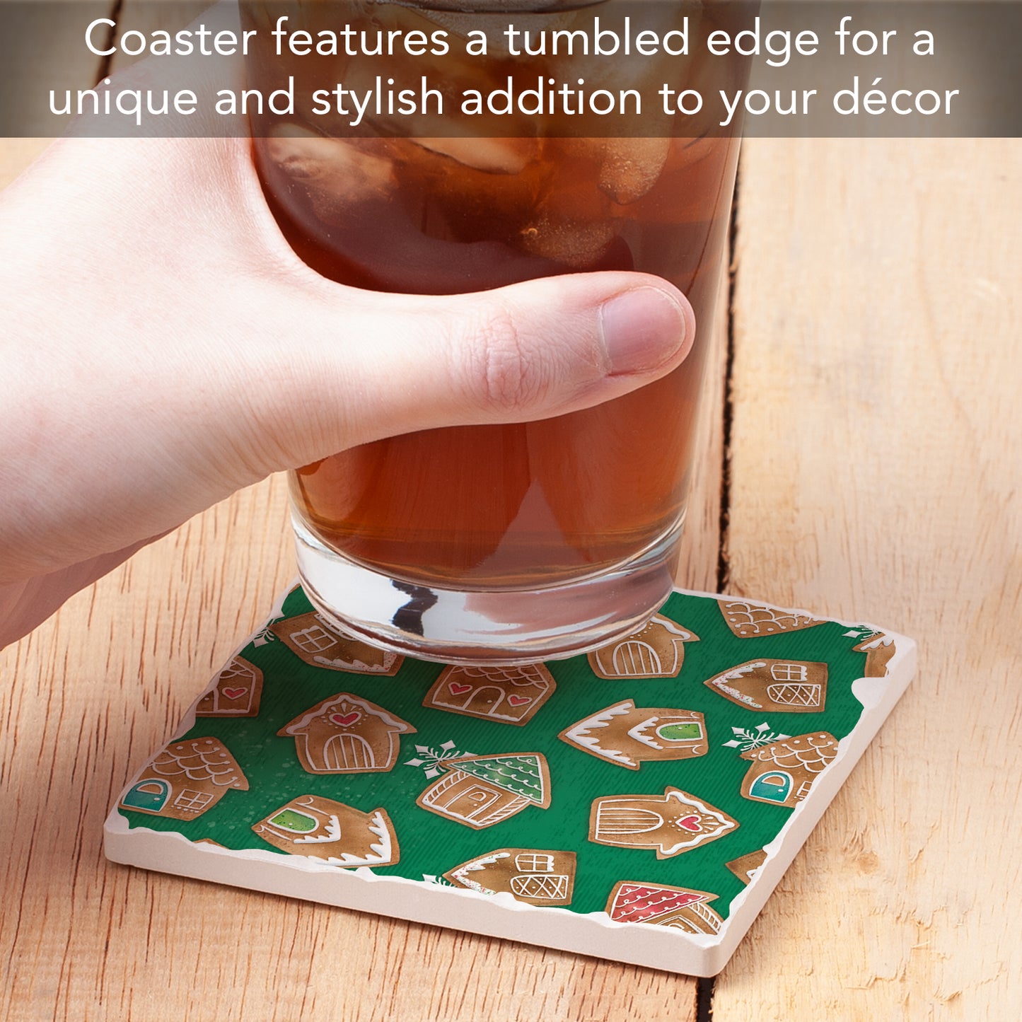 Thirstystone Gingerbread Houses Single Tumbled Tile Stone Coaster with Protective Cork Backing Manufactured in The USA 4" Square, Artistic, Easily Wipes Clean