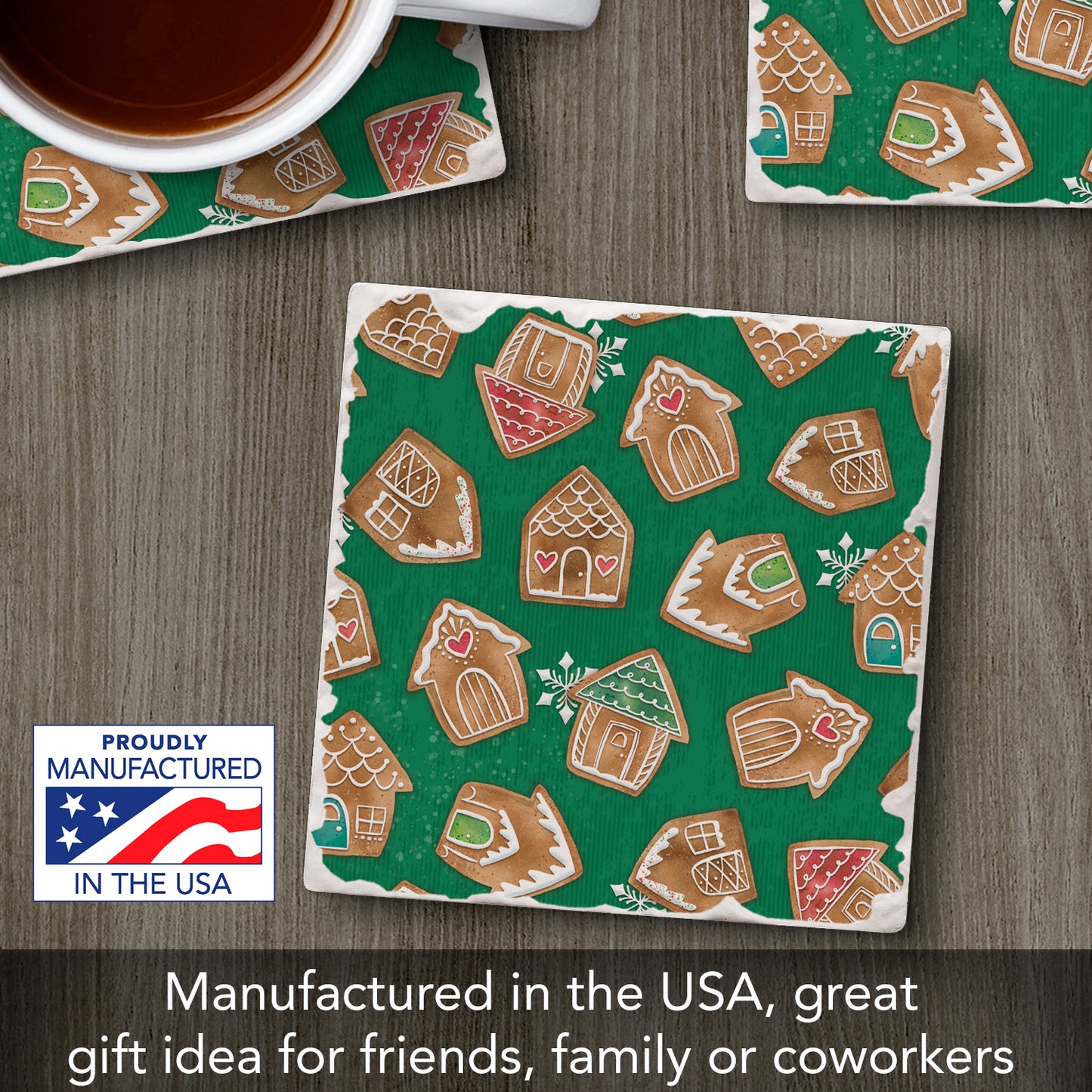 Thirstystone Gingerbread Houses Single Tumbled Tile Stone Coaster with Protective Cork Backing Manufactured in The USA 4" Square, Artistic, Easily Wipes Clean