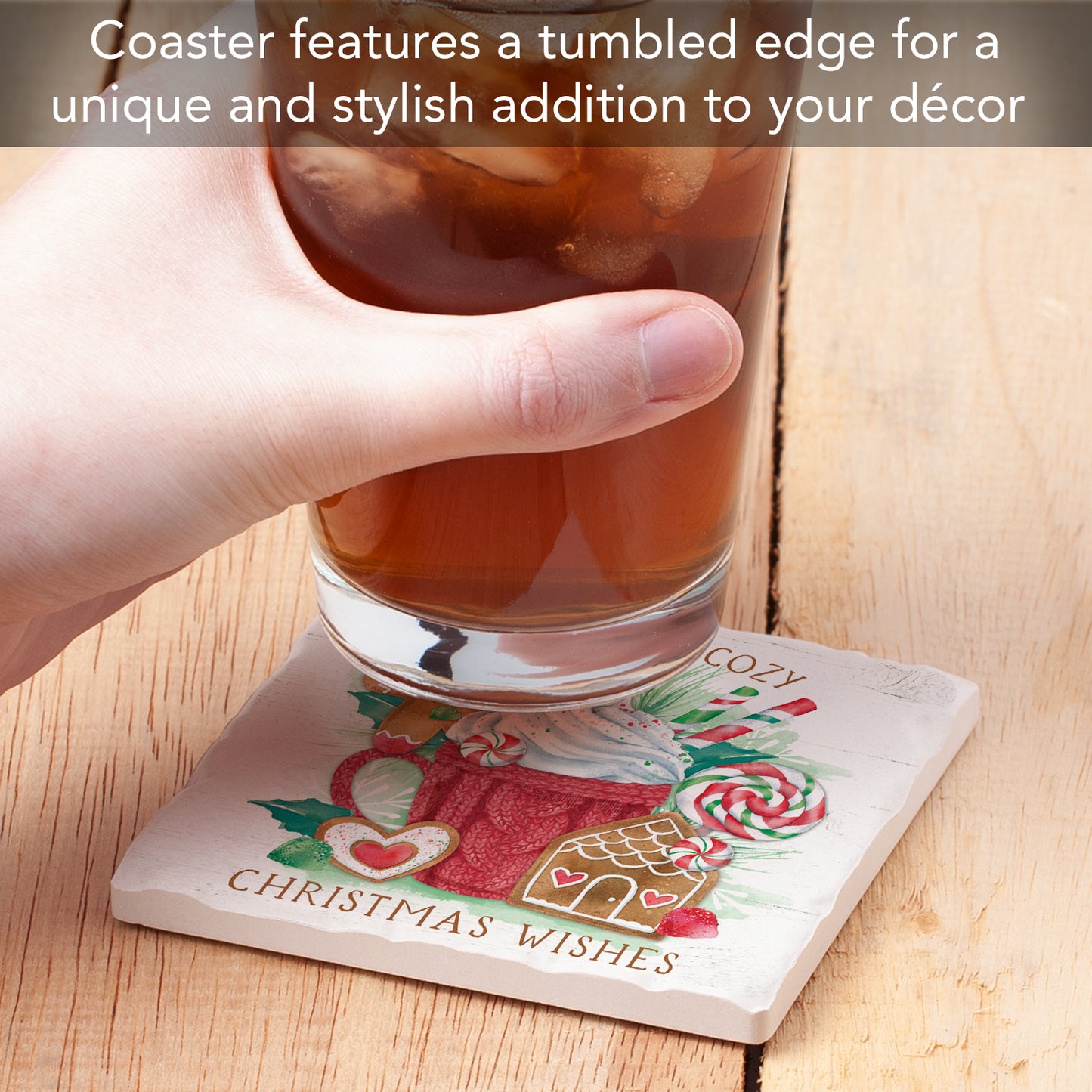 Thirstystone Christmas Wishes Single Tumbled Tile Stone Coaster with Protective Cork Backing Manufactured in The USA 4" Square, Artistic, Easily Wipes Clean