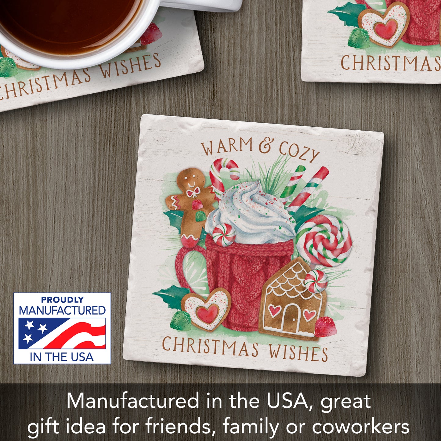 Thirstystone Christmas Wishes Single Tumbled Tile Stone Coaster with Protective Cork Backing Manufactured in The USA 4" Square, Artistic, Easily Wipes Clean