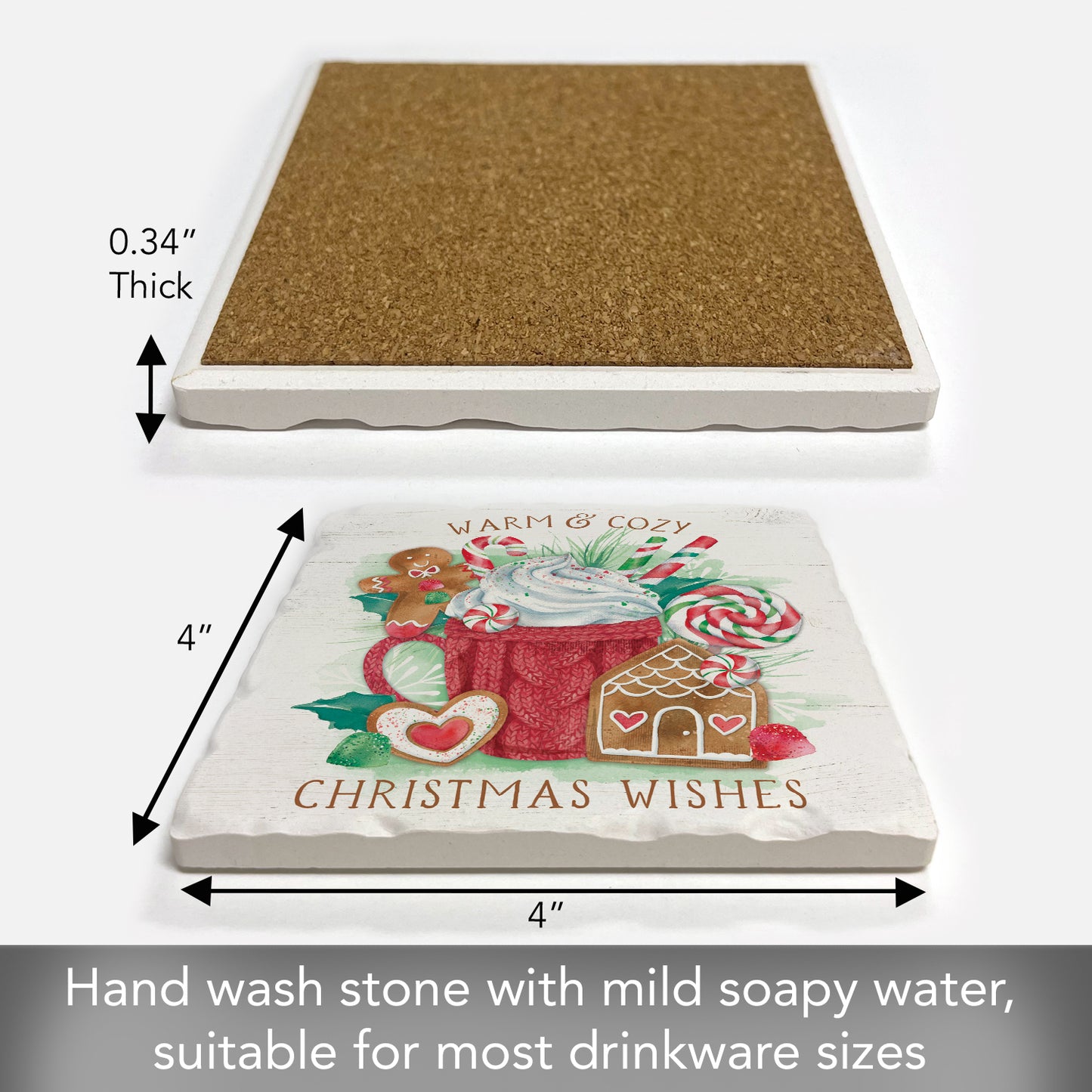 Thirstystone Christmas Wishes Single Tumbled Tile Stone Coaster with Protective Cork Backing Manufactured in The USA 4" Square, Artistic, Easily Wipes Clean