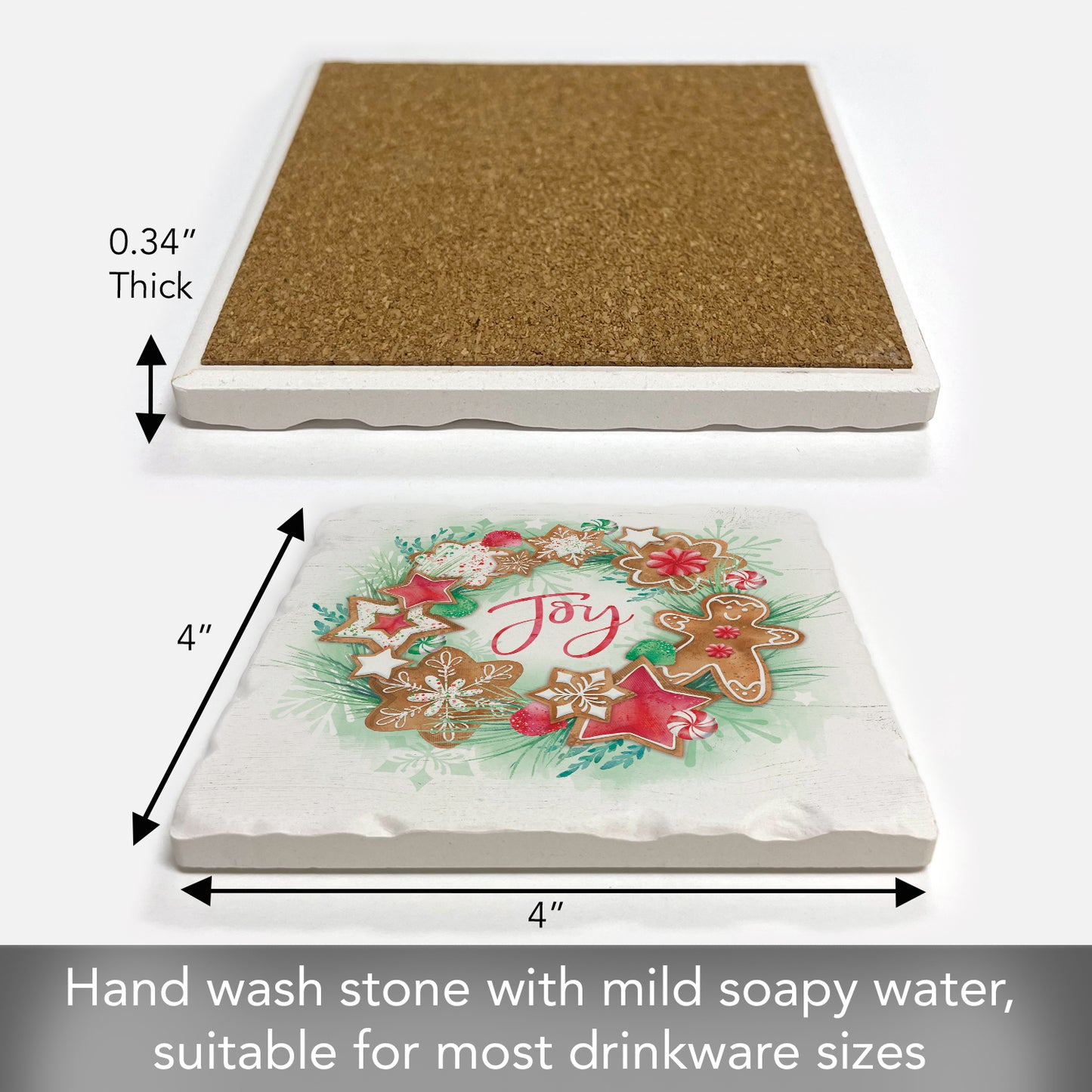 Thirstystone Gingerbread Joy Single Tumbled Tile Stone Coaster with Protective Cork Backing Manufactured in The USA 4" Square, Artistic, Easily Wipes Clean