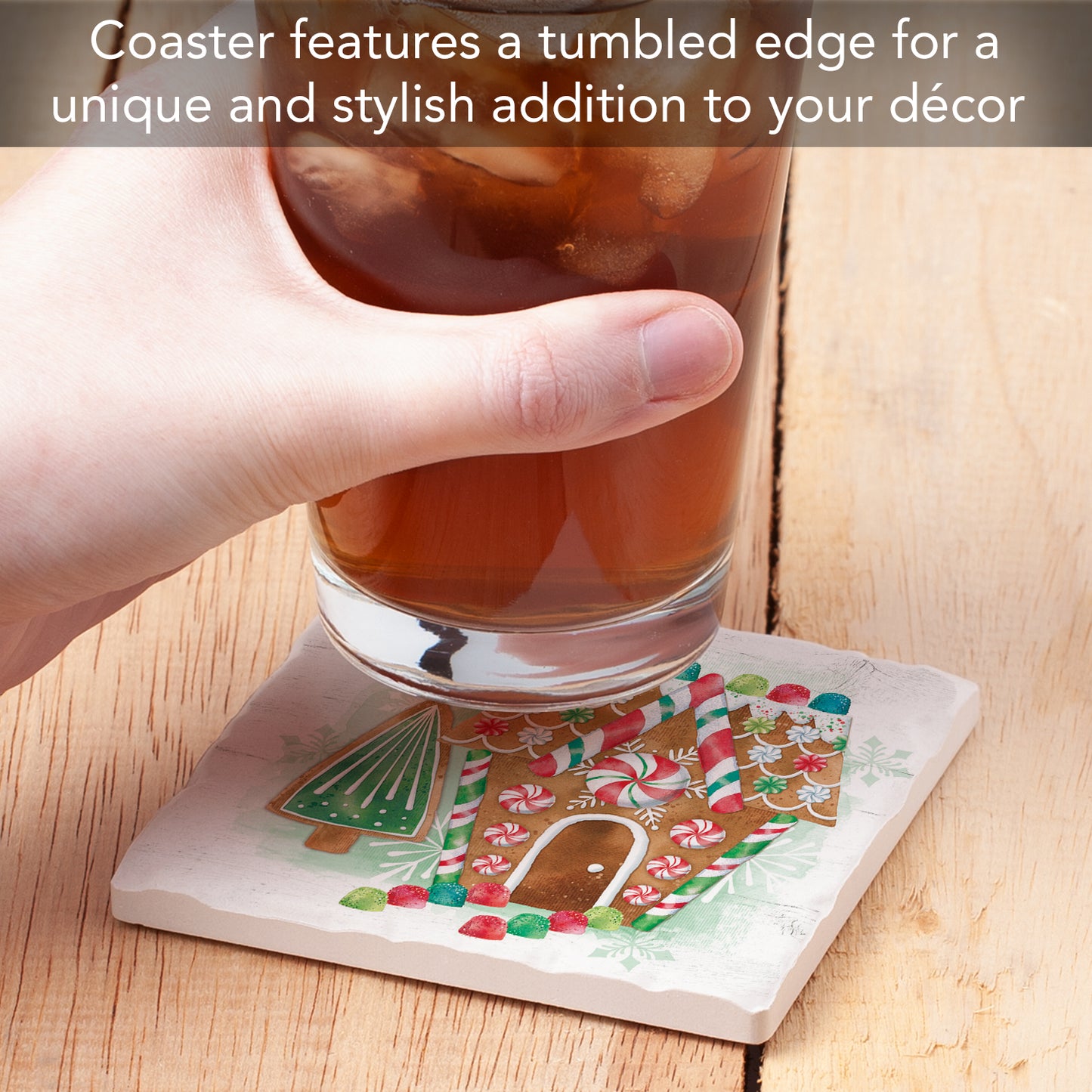 Thirstystone Gingerbread Home Single Tumbled Tile Stone Coaster with Protective Cork Backing Manufactured in The USA 4" Square, Artistic, Easily Wipes Clean
