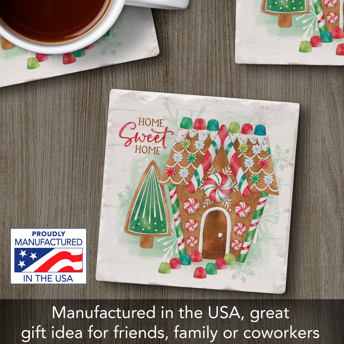 Thirstystone Gingerbread Home Single Tumbled Tile Stone Coaster with Protective Cork Backing Manufactured in The USA 4" Square, Artistic, Easily Wipes Clean