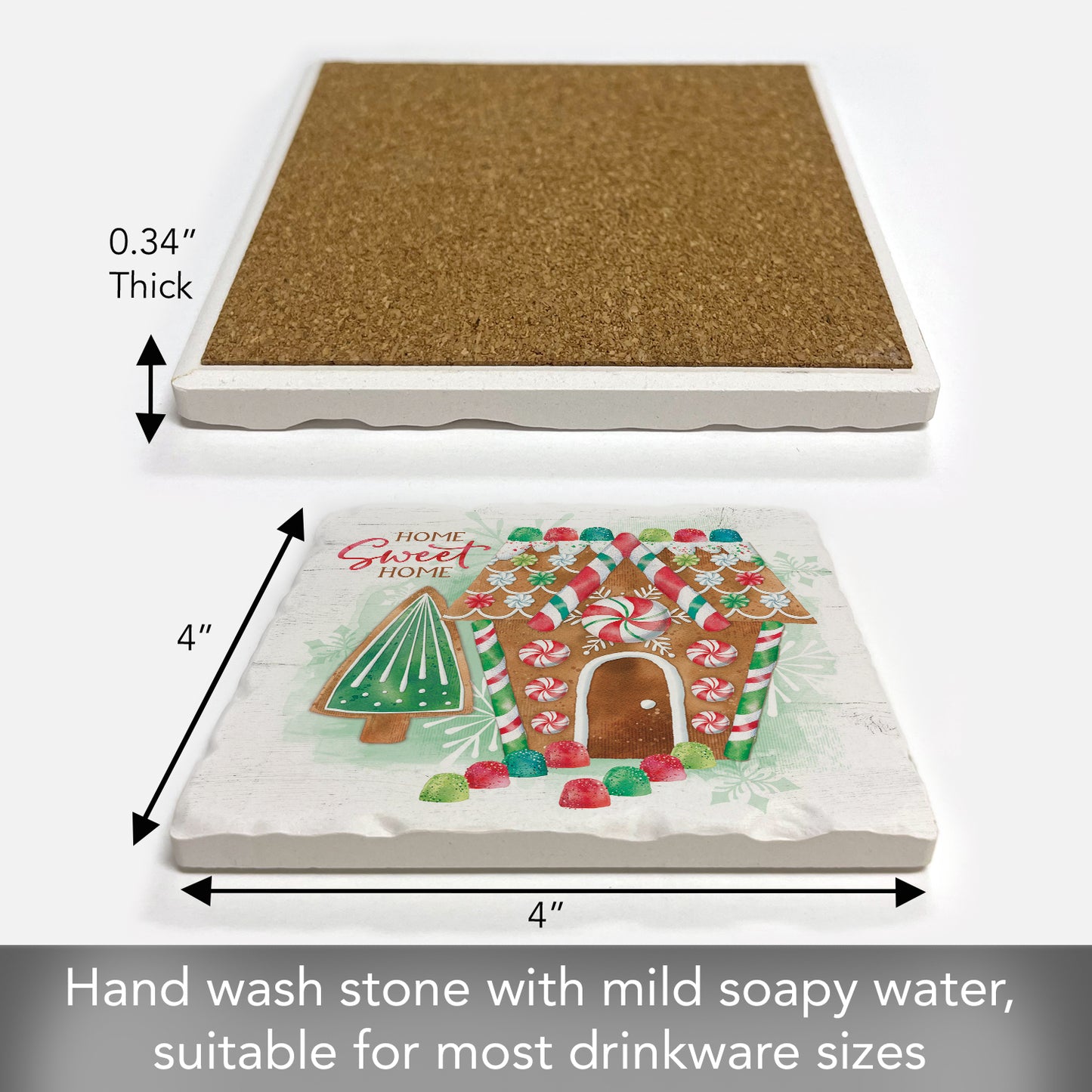 Thirstystone Gingerbread Home Single Tumbled Tile Stone Coaster with Protective Cork Backing Manufactured in The USA 4" Square, Artistic, Easily Wipes Clean