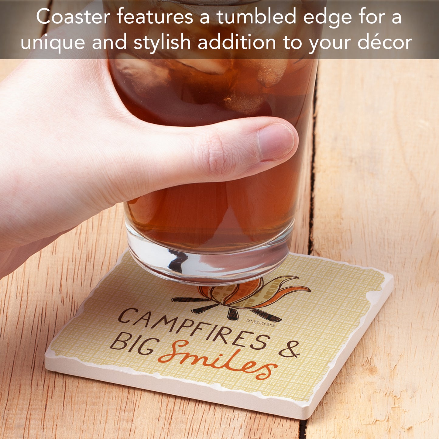 Thirstystone Campfire Smiles Single Tumbled Tile Stone Coaster with Protective Cork Backing Manufactured in The USA 4" Square, Artistic, Easily Wipes Clean