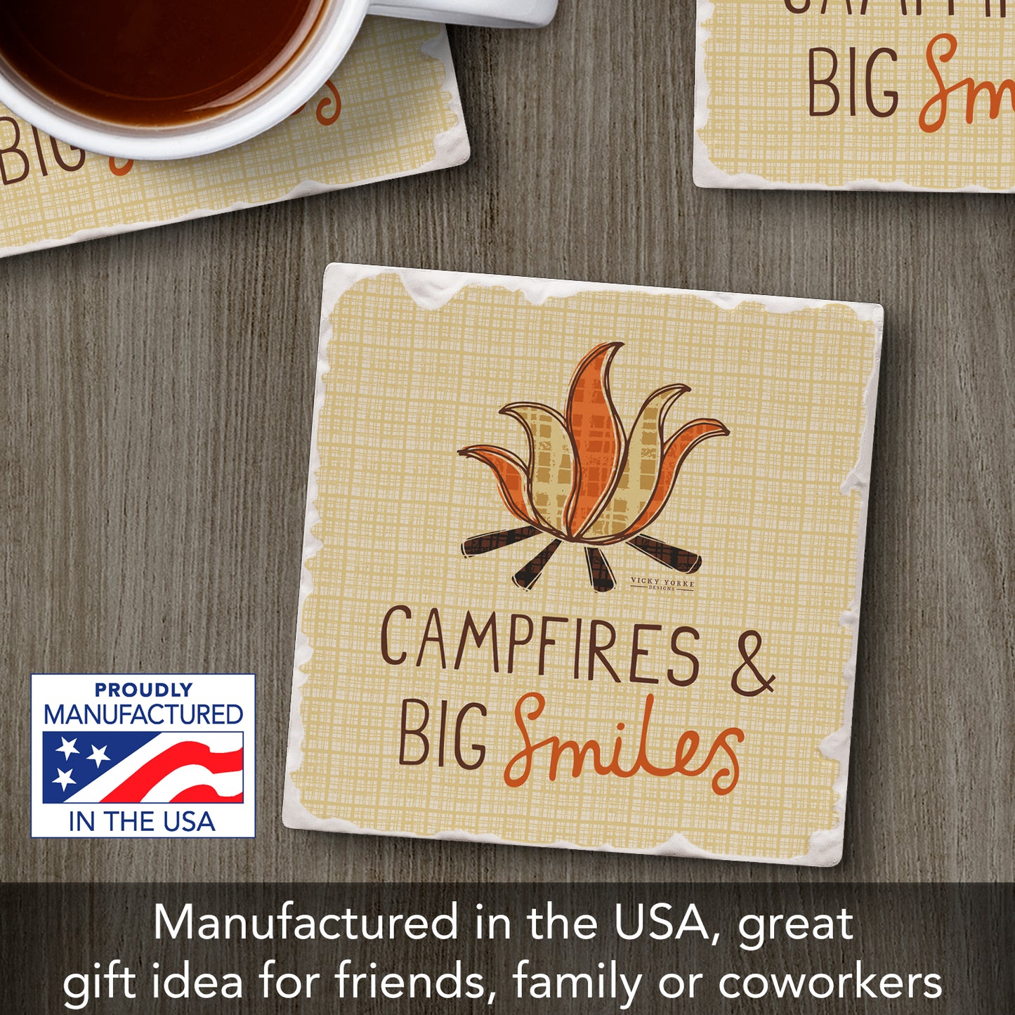 Thirstystone Campfire Smiles Single Tumbled Tile Stone Coaster with Protective Cork Backing Manufactured in The USA 4" Square, Artistic, Easily Wipes Clean