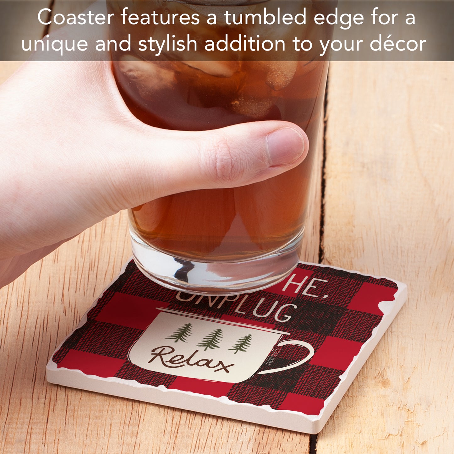 Thirstystone Breathe Unplug Relax Single Tumbled Tile Stone Coaster with Protective Cork Backing Manufactured in The USA 4" Square, Artistic, Easily Wipes Clean