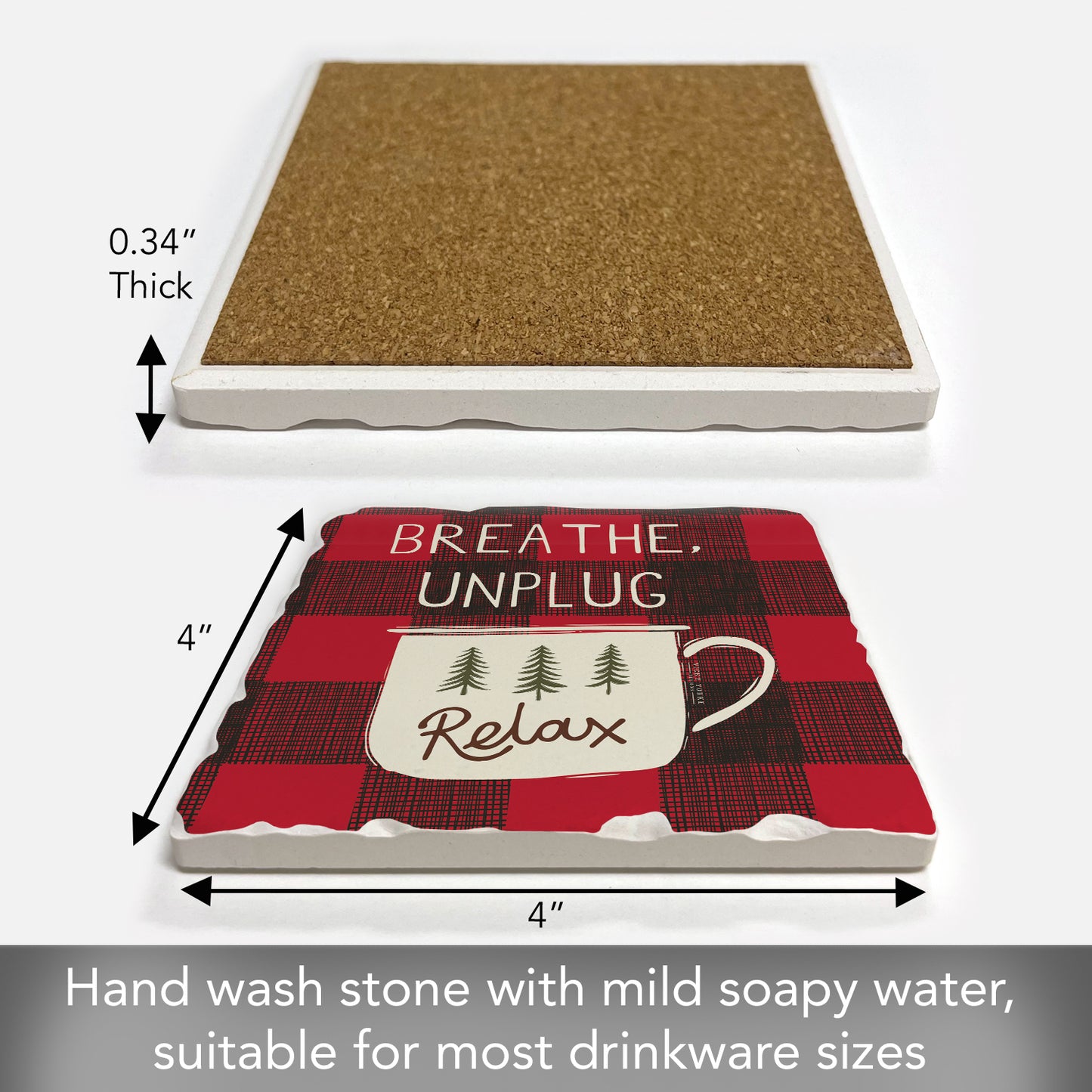 Thirstystone Breathe Unplug Relax Single Tumbled Tile Stone Coaster with Protective Cork Backing Manufactured in The USA 4" Square, Artistic, Easily Wipes Clean
