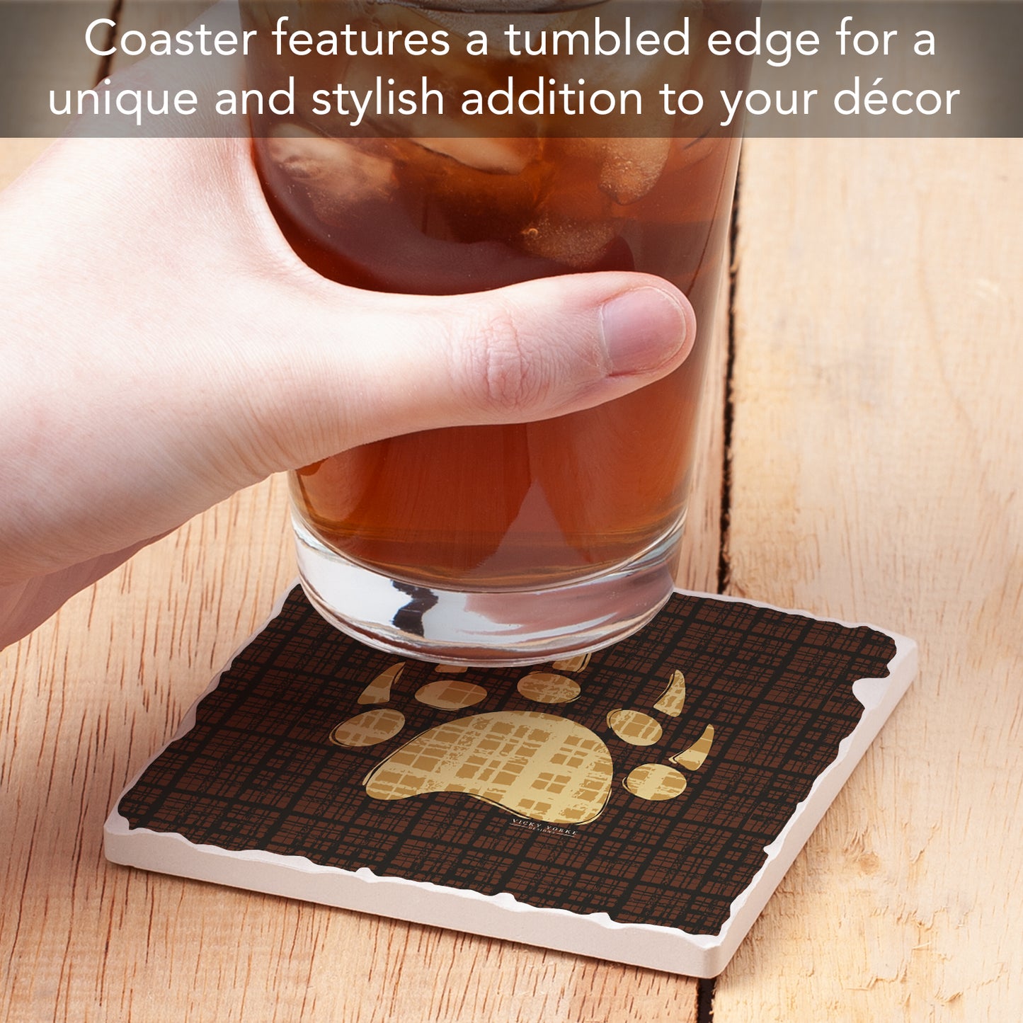 Thirstystone Bear Paw Single Tumbled Tile Stone Coaster with Protective Cork Backing Manufactured in The USA 4" Square, Artistic, Easily Wipes Clean