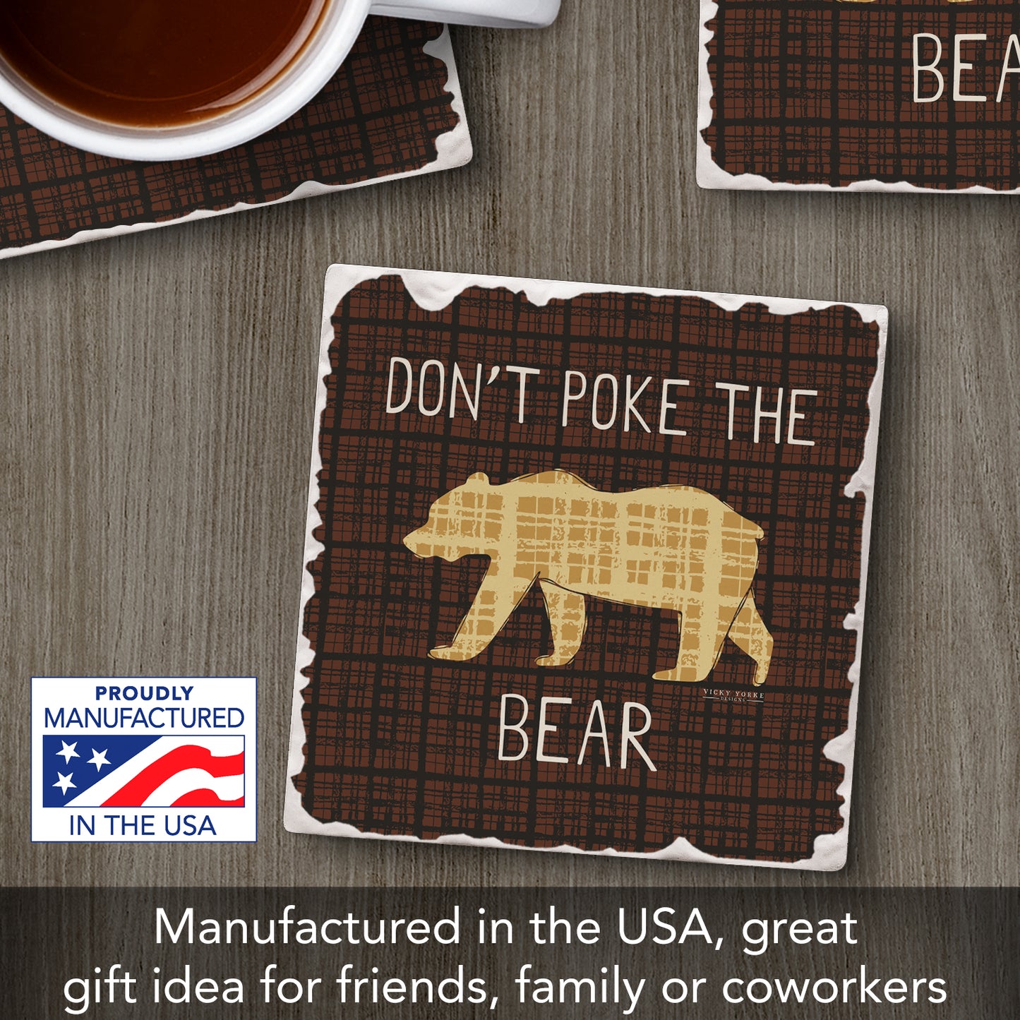 Thirstystone Poke The Bear Single Tumbled Tile Stone Coaster with Protective Cork Backing Manufactured in The USA 4" Square, Artistic, Easily Wipes Clean
