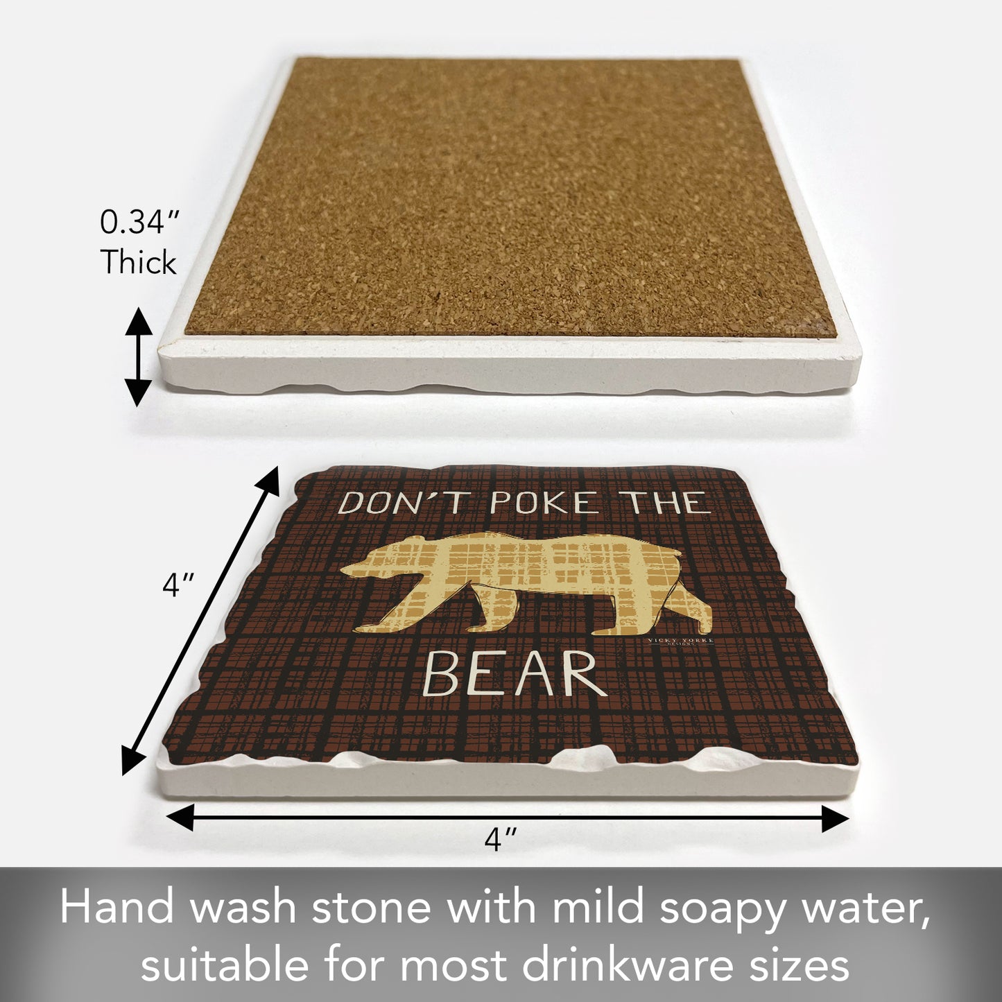 Thirstystone Poke The Bear Single Tumbled Tile Stone Coaster with Protective Cork Backing Manufactured in The USA 4" Square, Artistic, Easily Wipes Clean