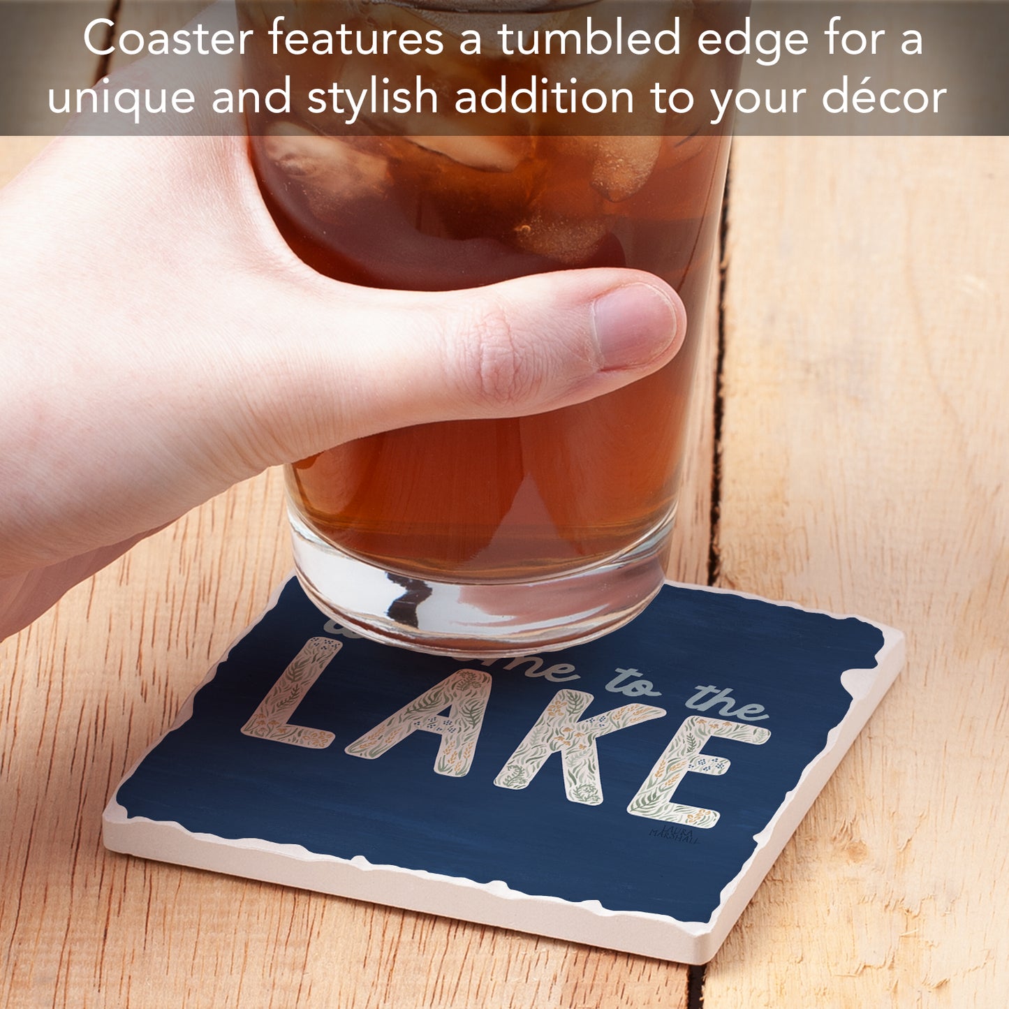 Thirstystone Lakeside Welcome Single Tumbled Tile Stone Coaster with Protective Cork Backing Manufactured in The USA 4" Square