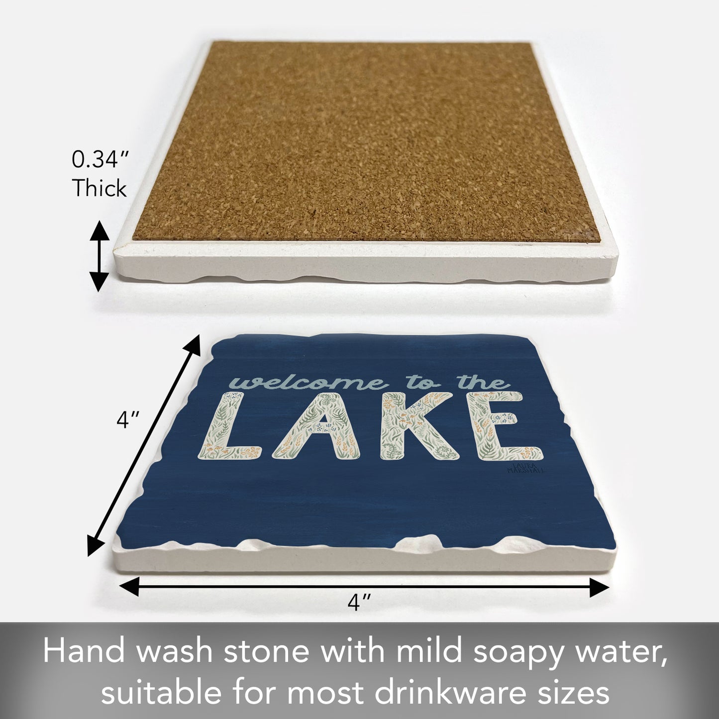 Thirstystone Lakeside Welcome Single Tumbled Tile Stone Coaster with Protective Cork Backing Manufactured in The USA 4" Square