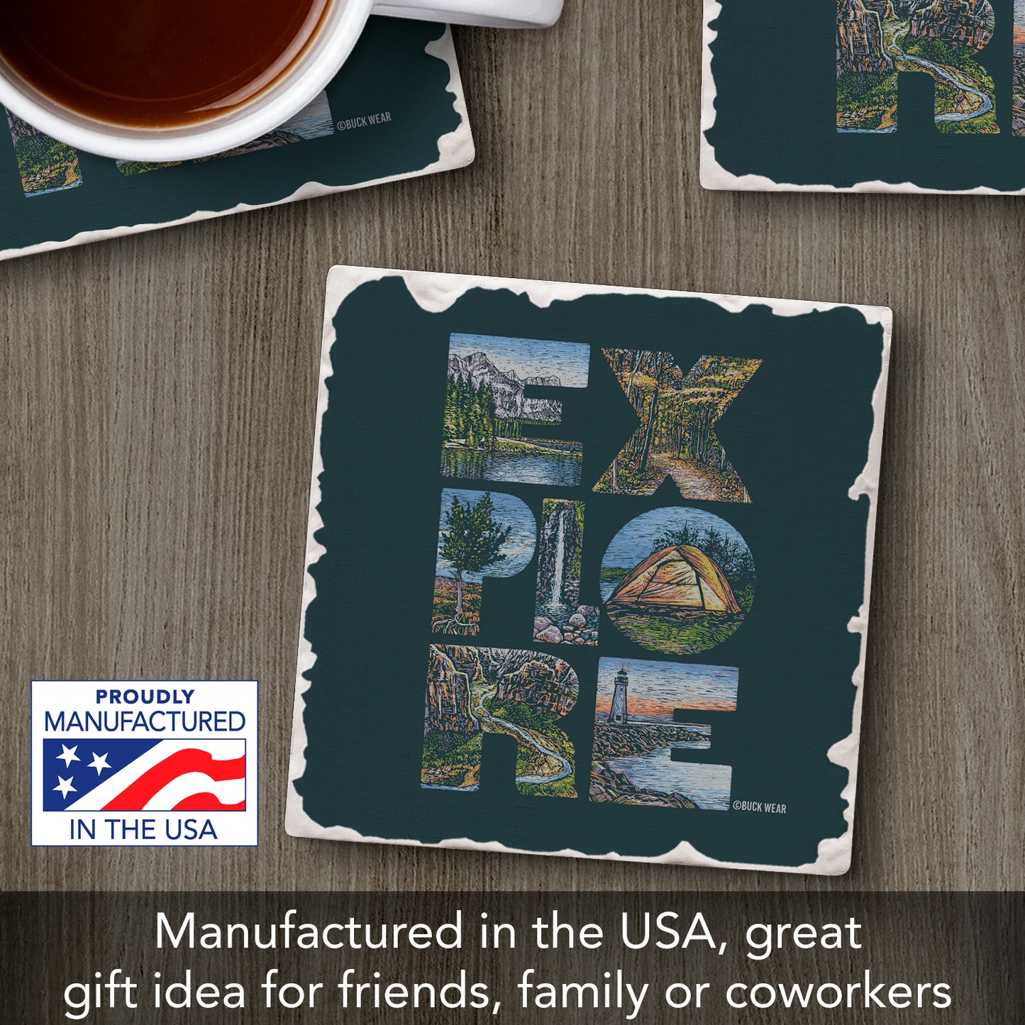 Thirstystone Explore Single Tumbled Tile Stone Coaster with Protective Cork Backing Manufactured in The USA 4" Square
