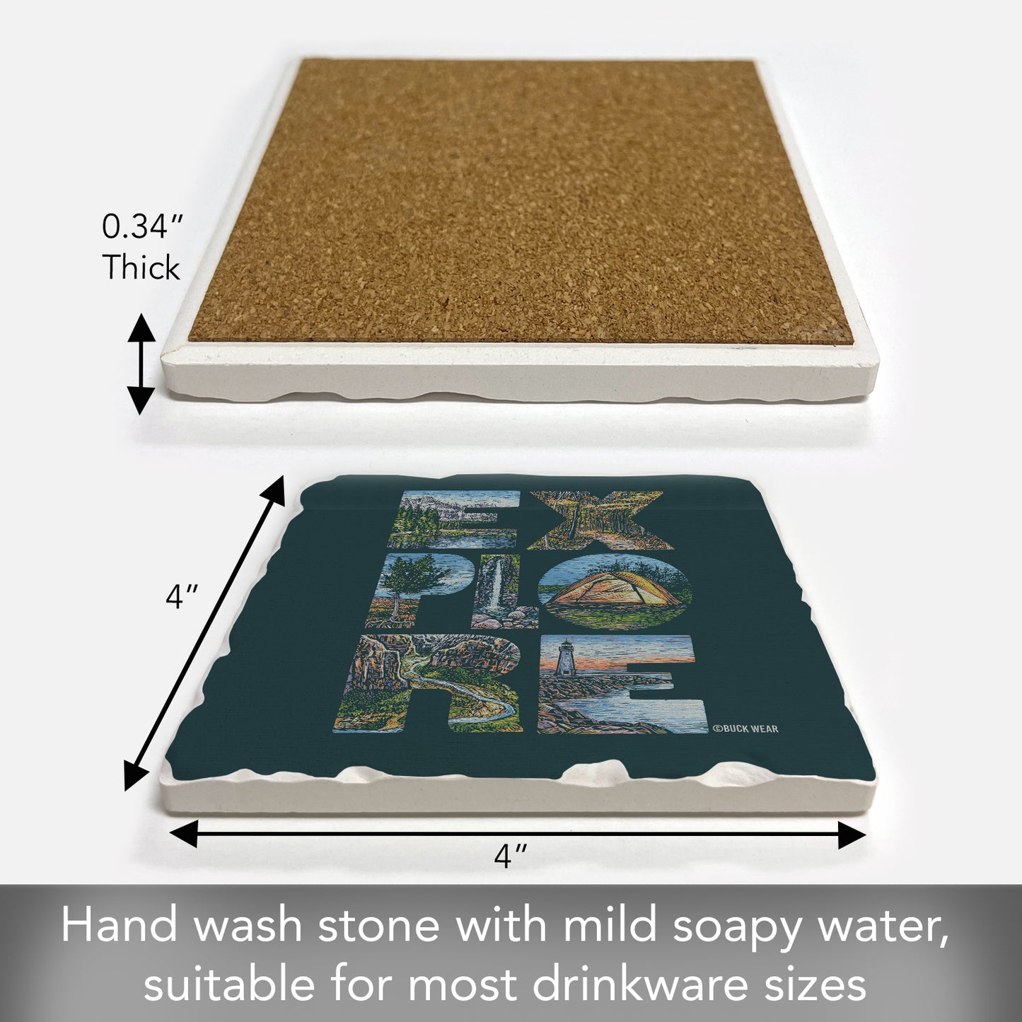 Thirstystone Explore Single Tumbled Tile Stone Coaster with Protective Cork Backing Manufactured in The USA 4" Square