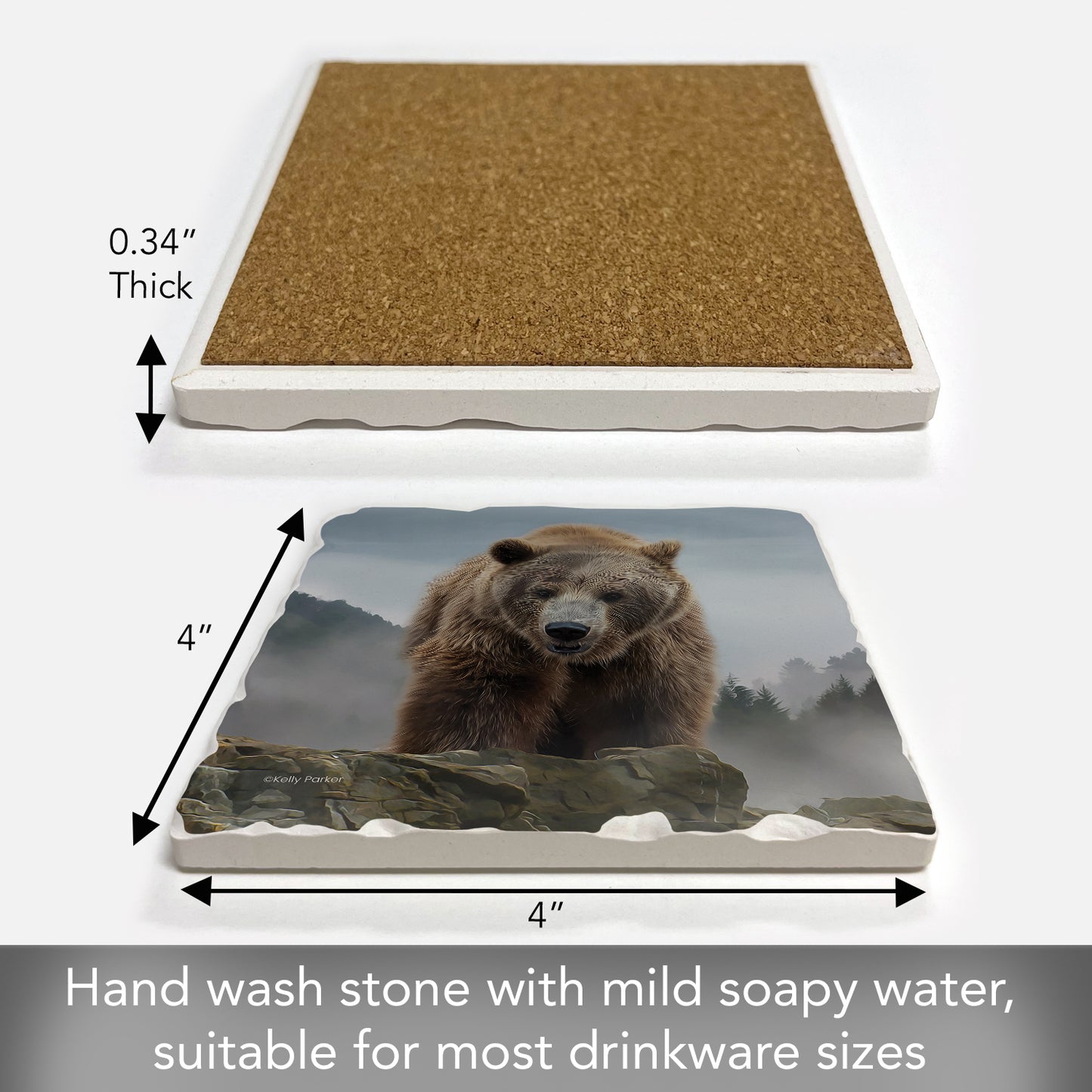 Thirstystone Mountain Grizzly Single Tumbled Tile Stone Coaster with Protective Cork Backing Manufactured in The USA 4" Square
