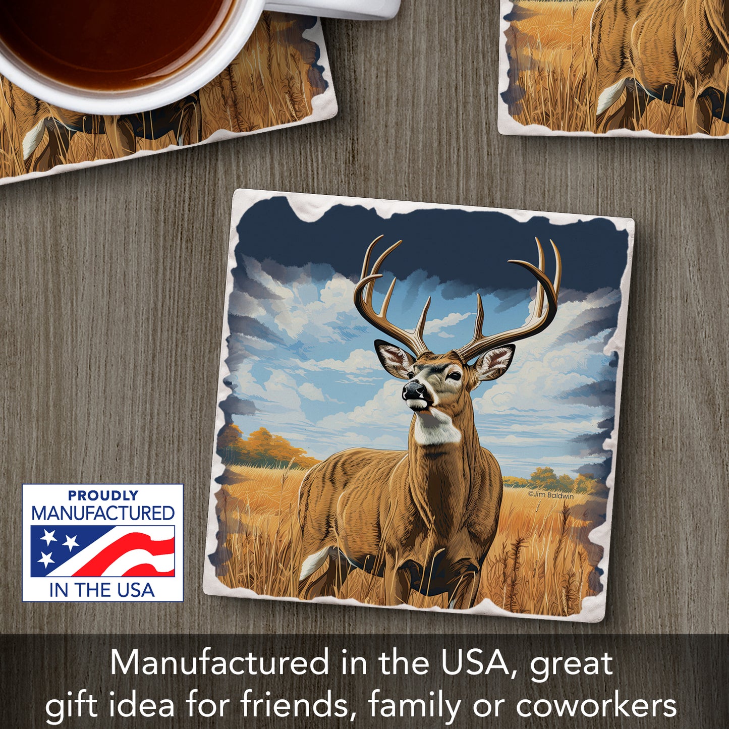Thirstystone Big Deer Buck Single Tumbled Tile Stone Coaster with Protective Cork Backing Manufactured in The USA 4" Square