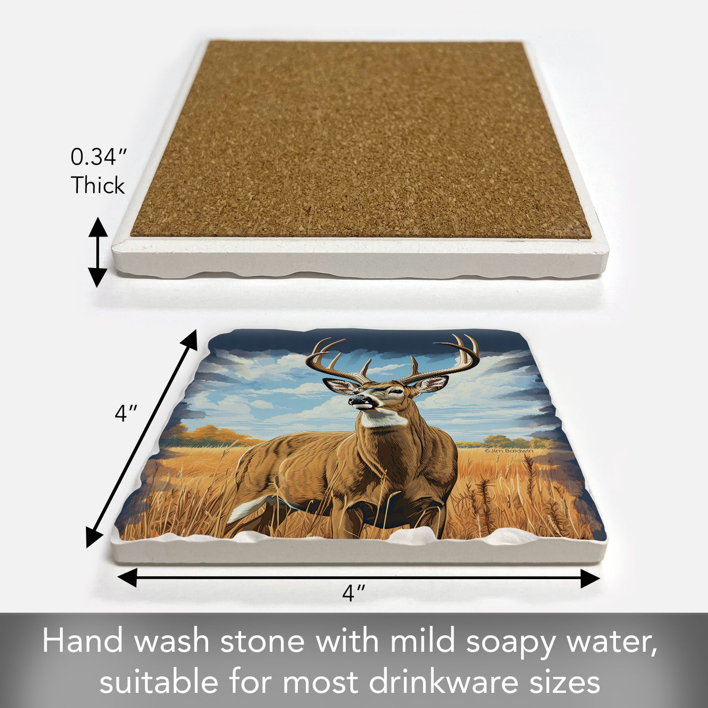 Thirstystone Big Deer Buck Single Tumbled Tile Stone Coaster with Protective Cork Backing Manufactured in The USA 4" Square