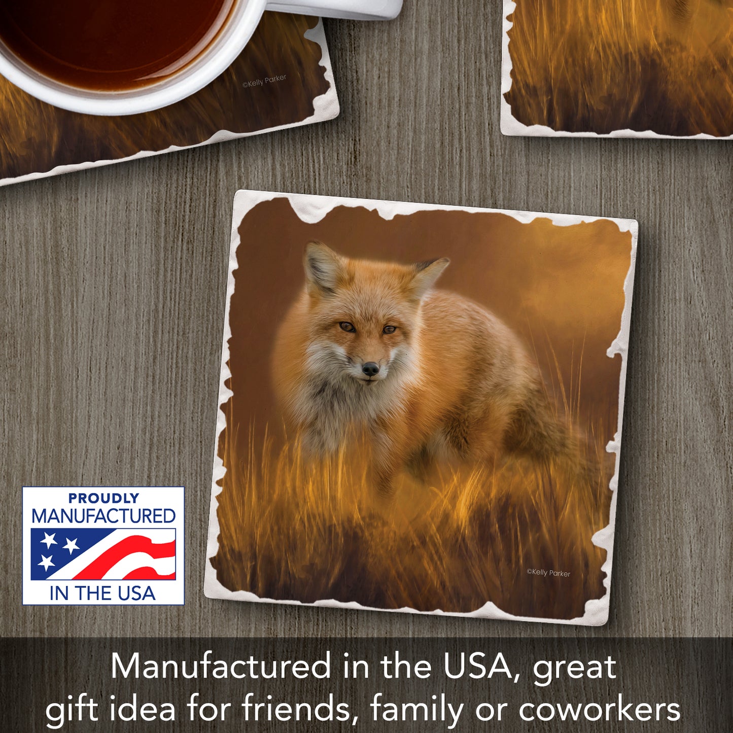 Thirstystone Fox in The Grass Single Tumbled Tile Stone Coaster with Protective Cork Backing Manufactured in The USA 4" Square