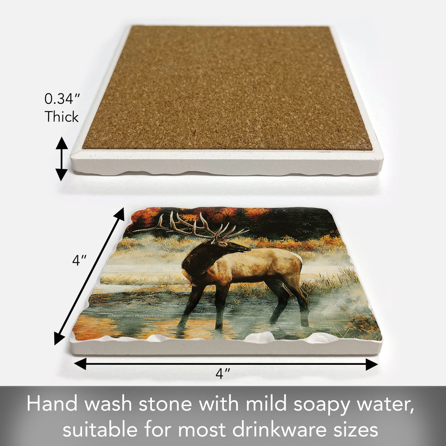 Thirstystone Elk in The Mist Single Tumbled Tile Stone Coaster with Protective Cork Backing Manufactured in The USA 4" Square